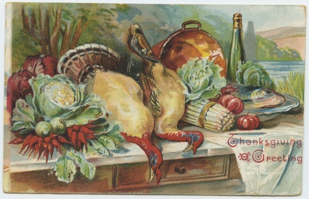 Thanksgiving Greeting Turkeys Vegetables Fish Feast 1907 Antique Postcard