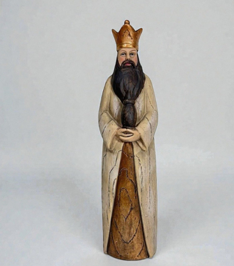 Melchior Wiseman 10.5” in Antique White/Gold Carved Wood For Nativity Set