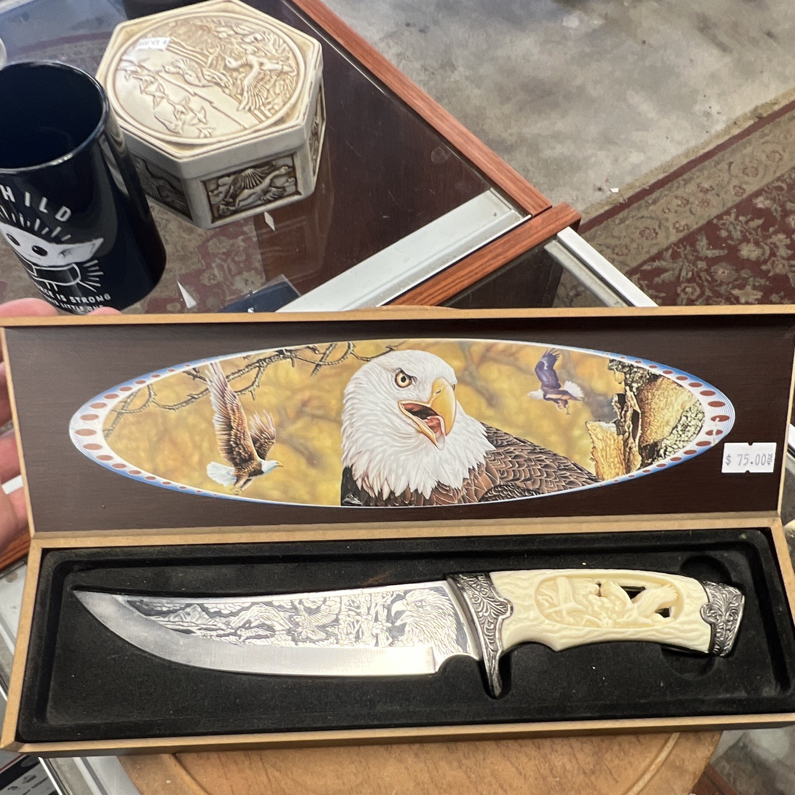 Eagle Bone Handle Bowie Hunting Fixed Blade Knife, SS Clip Point, Full Tang