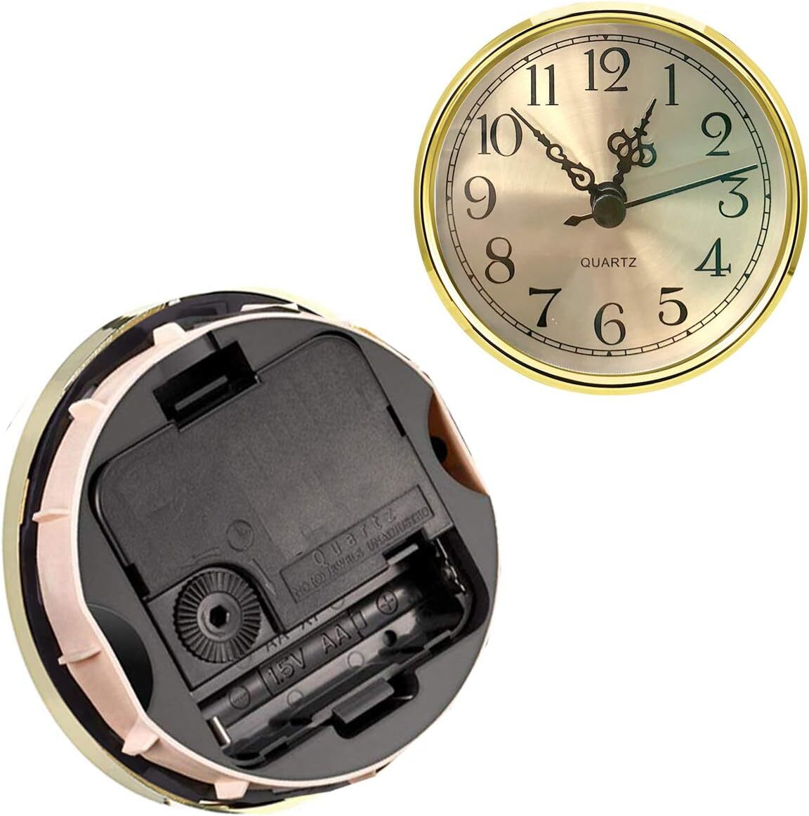 HILLHOME Mini Clock Insert 3-1/2 Inch (90 mm) Round Quartz Fit-up Gold