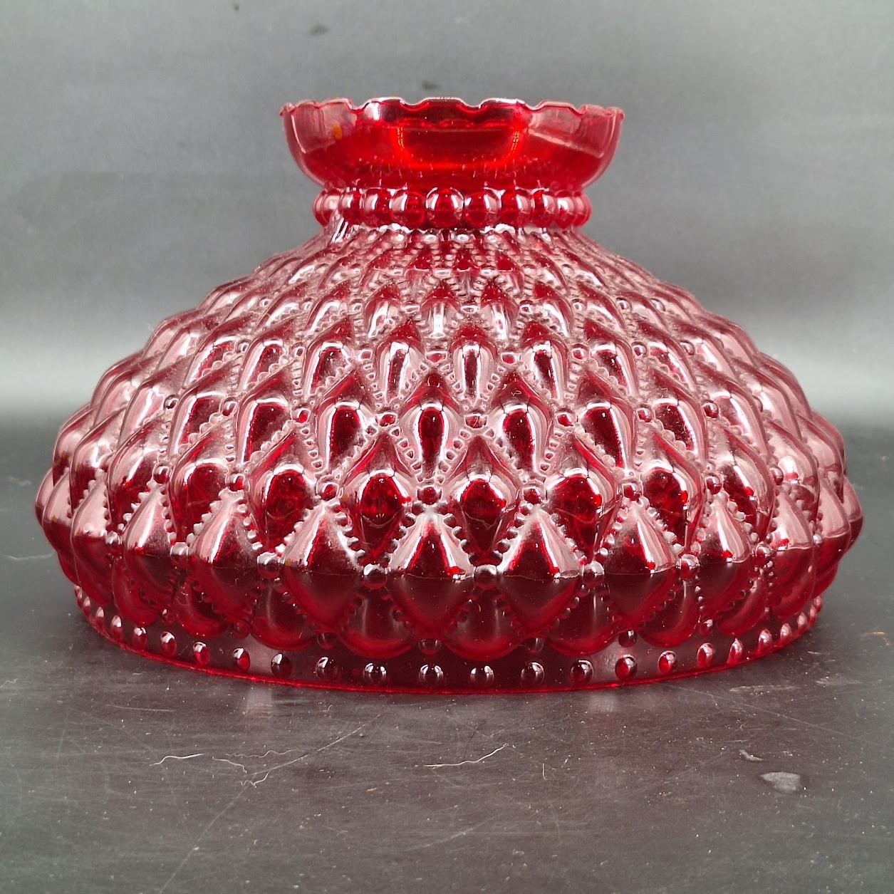 Vintage Ruby Red Glossy Diamond Quilted Glass Hurricane Lamp Shade 10″ Fitter
