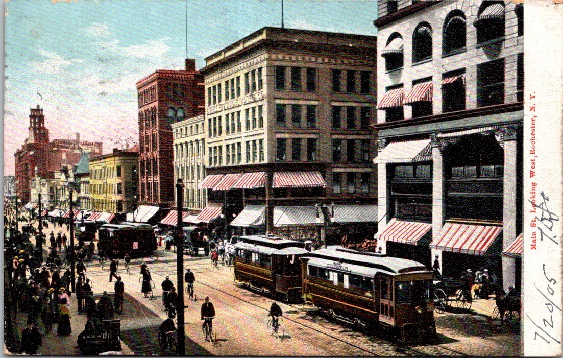 Rochester NY 1905 Postcard Main Street Trolley Horse Drawn Vehicle Bicycles Road
