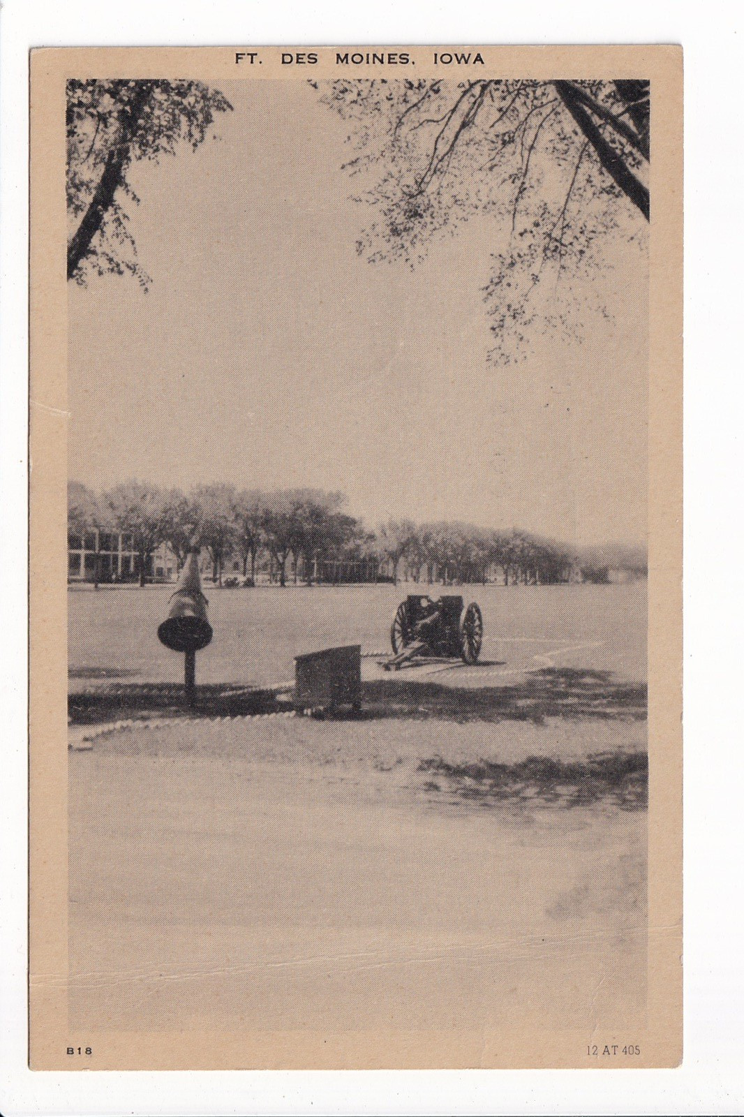 Postcard B&W Printed Lithograph Scene Cannon & Bell Ft. Des Moines Iowa IA UNP