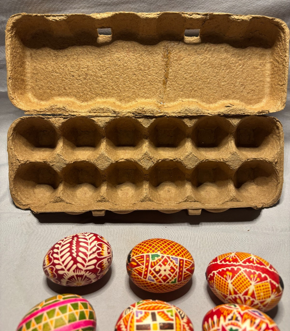 6 Unique Hand Painted Multicolor Eggs and a 1960`s Egg Carton