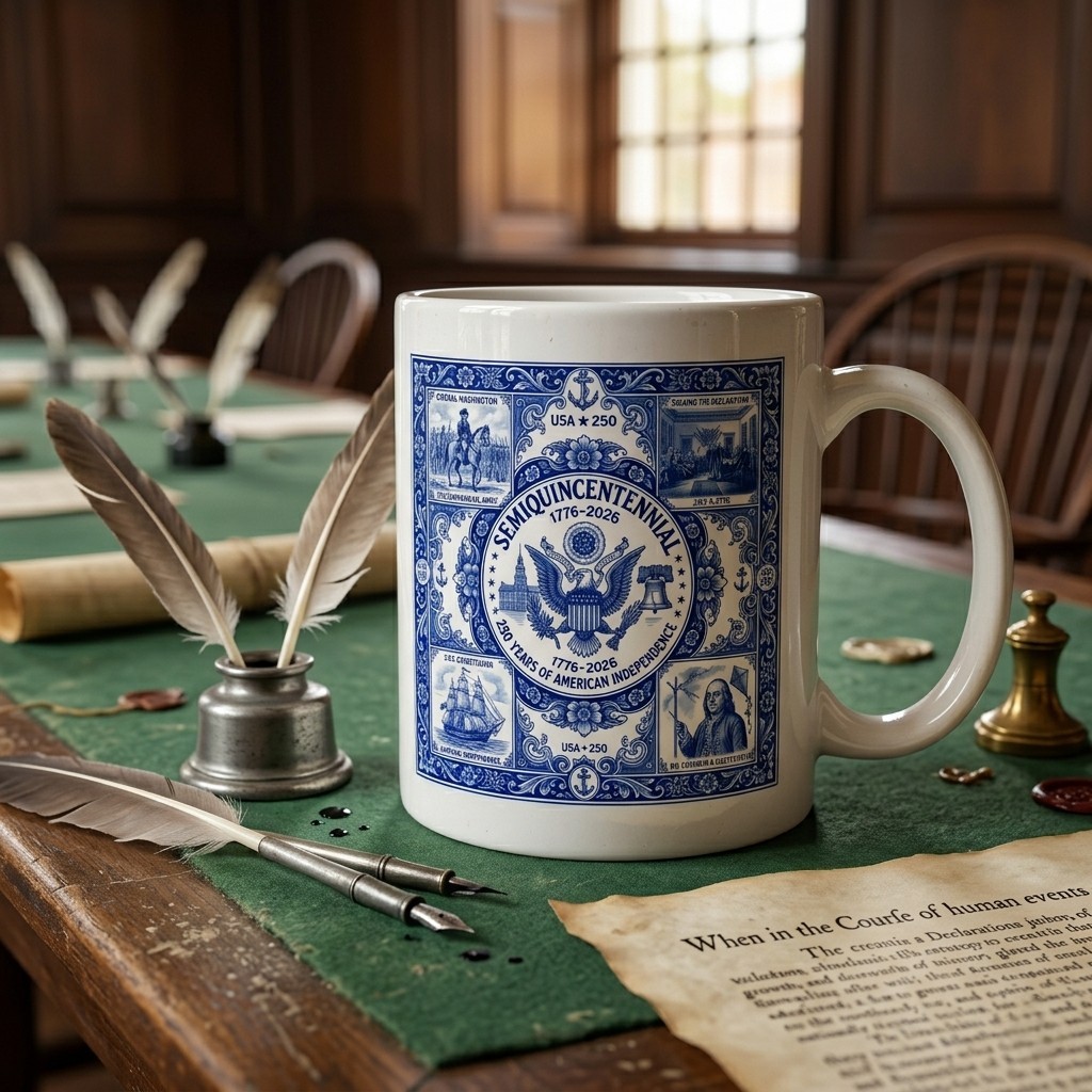 USA 250th Anniversary Semiquincentennial Coffee Mug 1776-2026 Delft Blue 11oz