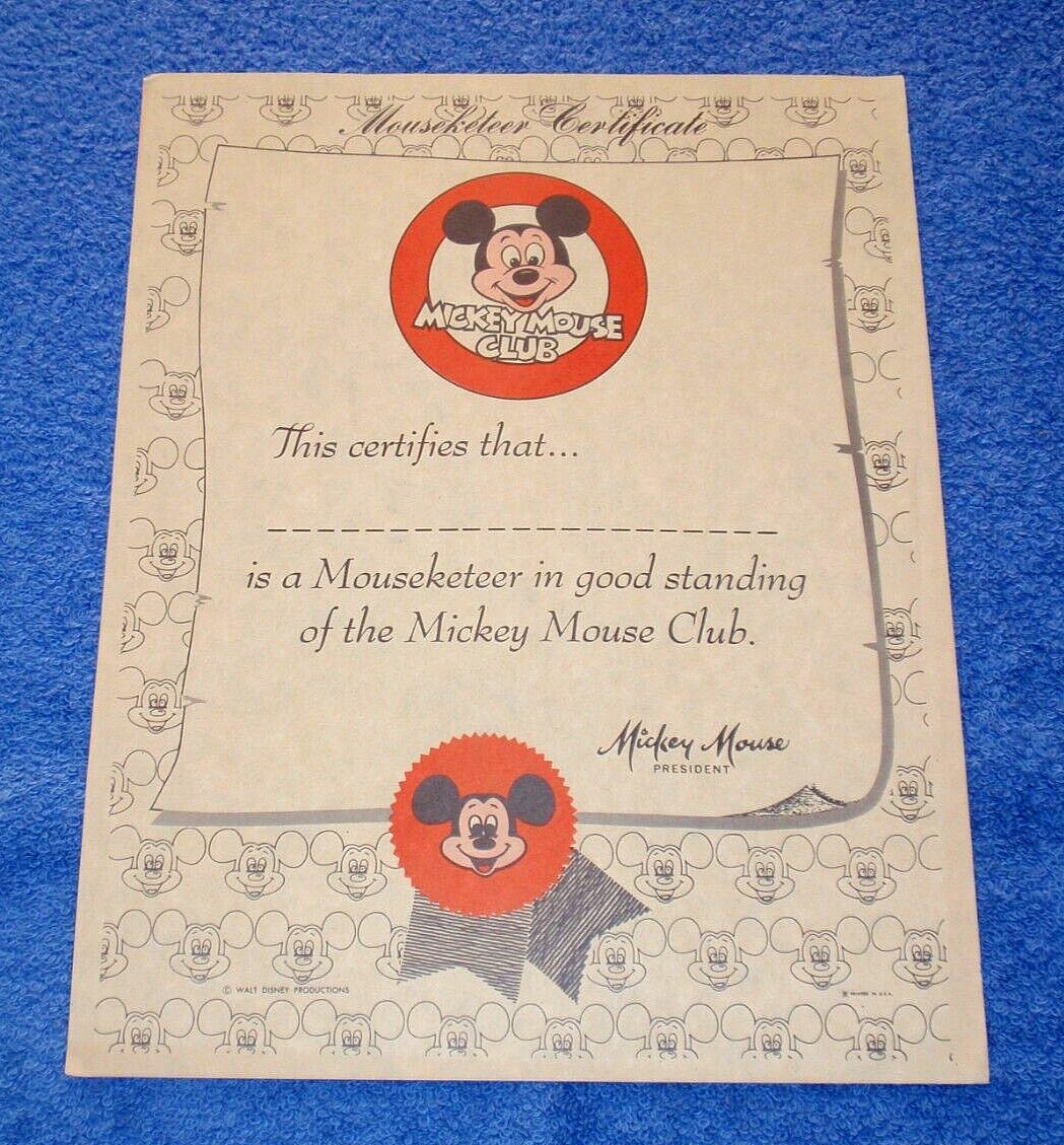 ORIGINAL UNUSED DISNEY MICKEY MOUSE CLUB HONORARY MOUSEKETEER CERTIFICATE – (B)