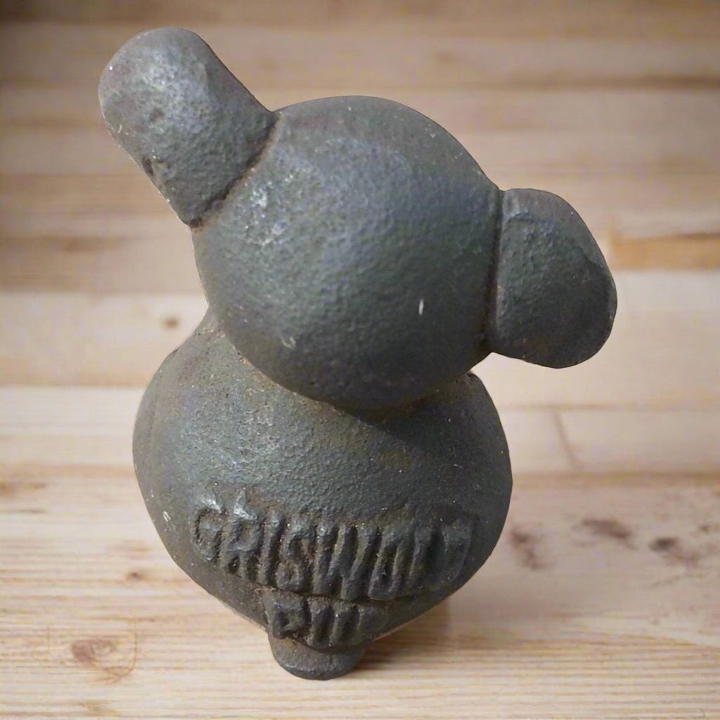 Griswold Pup Paperweight Cast Iron Raised Letters & Antique Finish (1.5″ Tall)