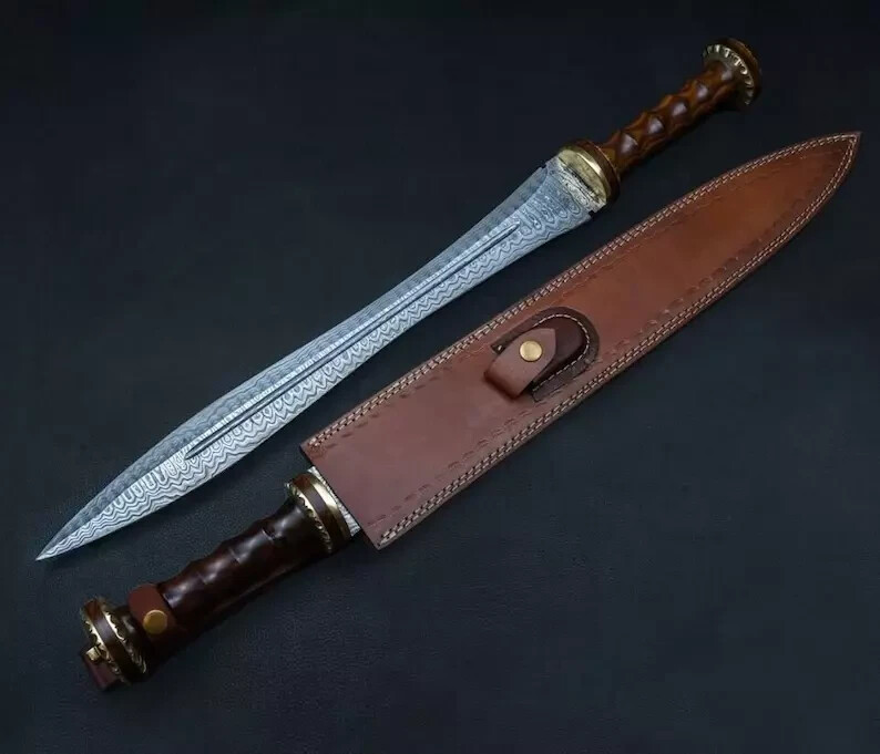 27″ Damascus Steel Gladius Roman Gladiator Sword | Rose Wood Handle |With Sheath