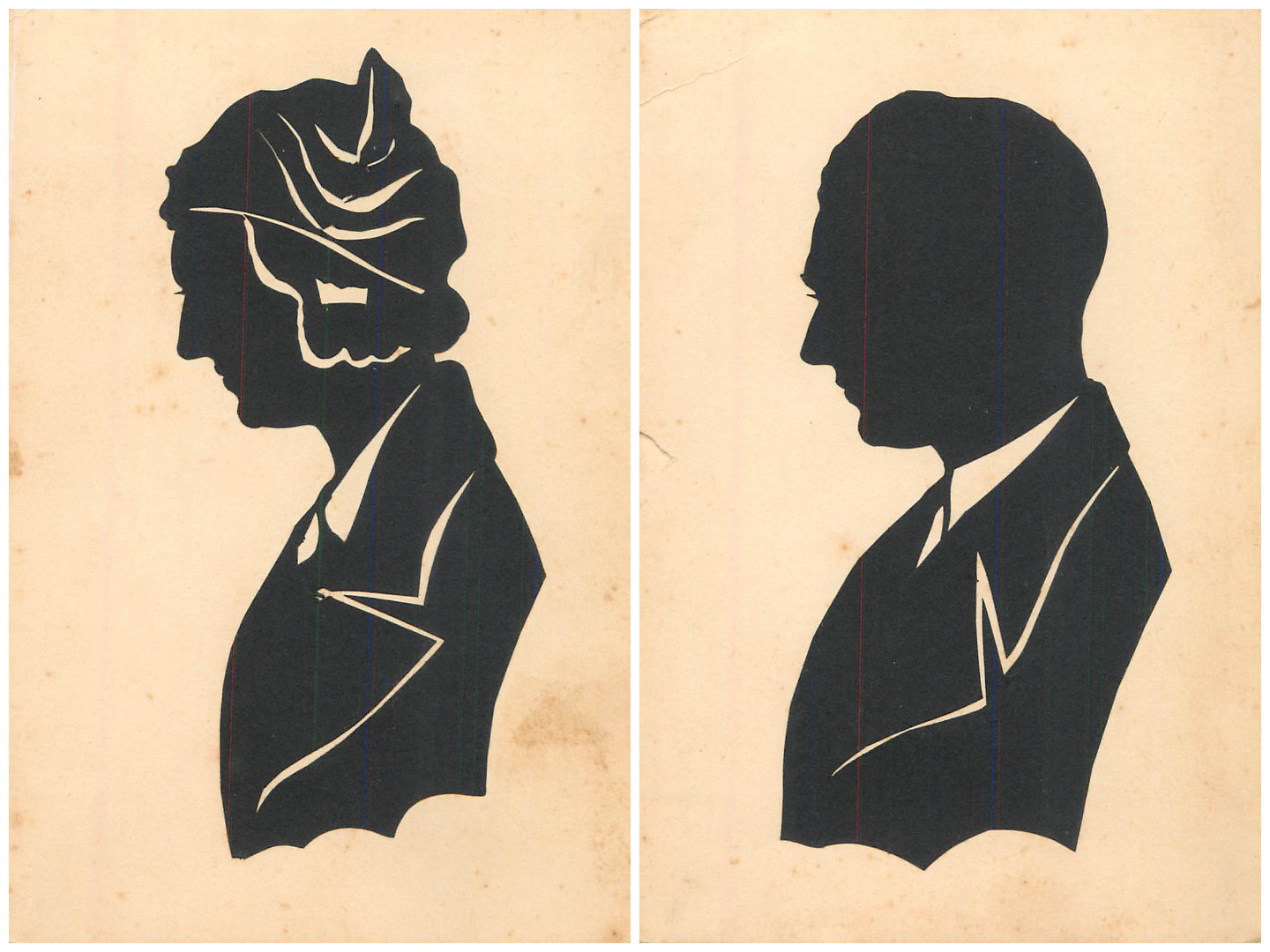 B585 Man and woman scyssor-type paper cut silhouettes unit of 2 vintage cards