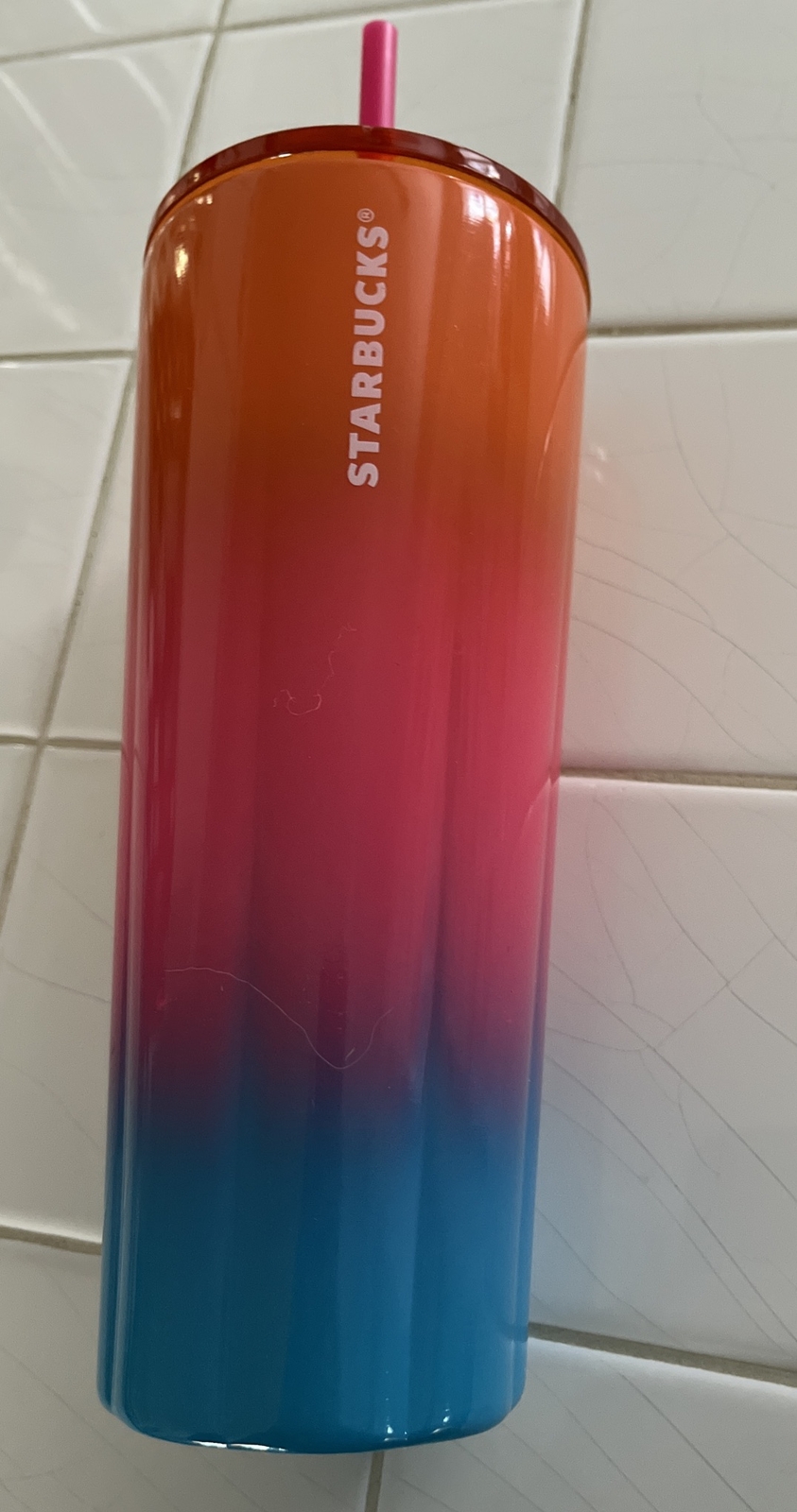 Starbucks 2022 Traveler Fluted Gradient Pink Orange Blue 24Oz Cold Cup w/Straw
