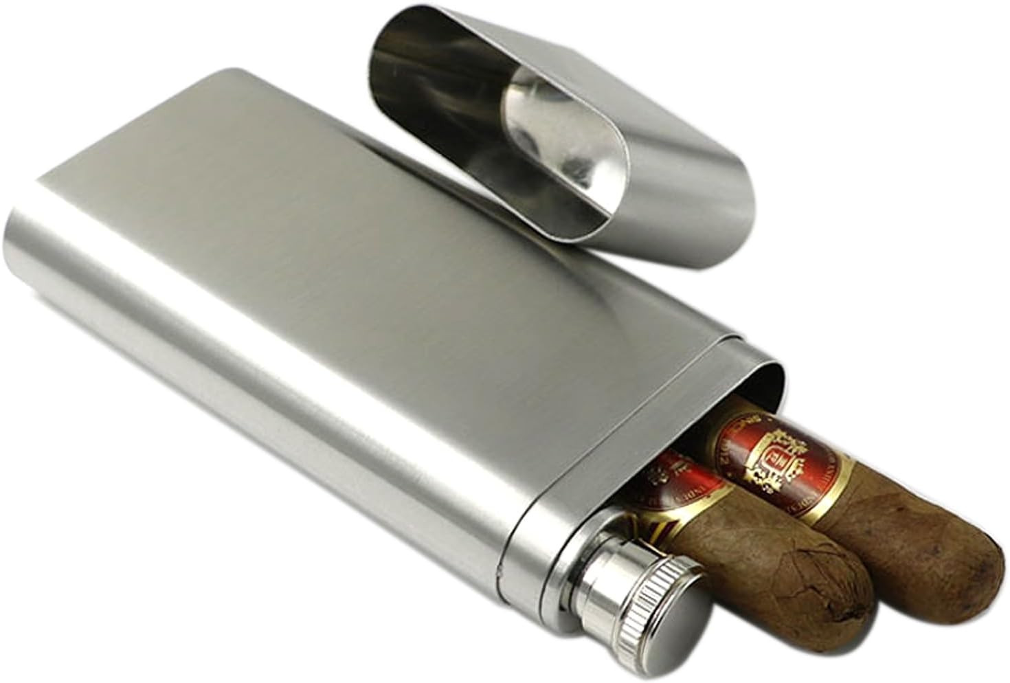 Stainless Steel 2-Finger Cigar Case with 2Oz Tube Flask Cigar Tube with Wine Tub