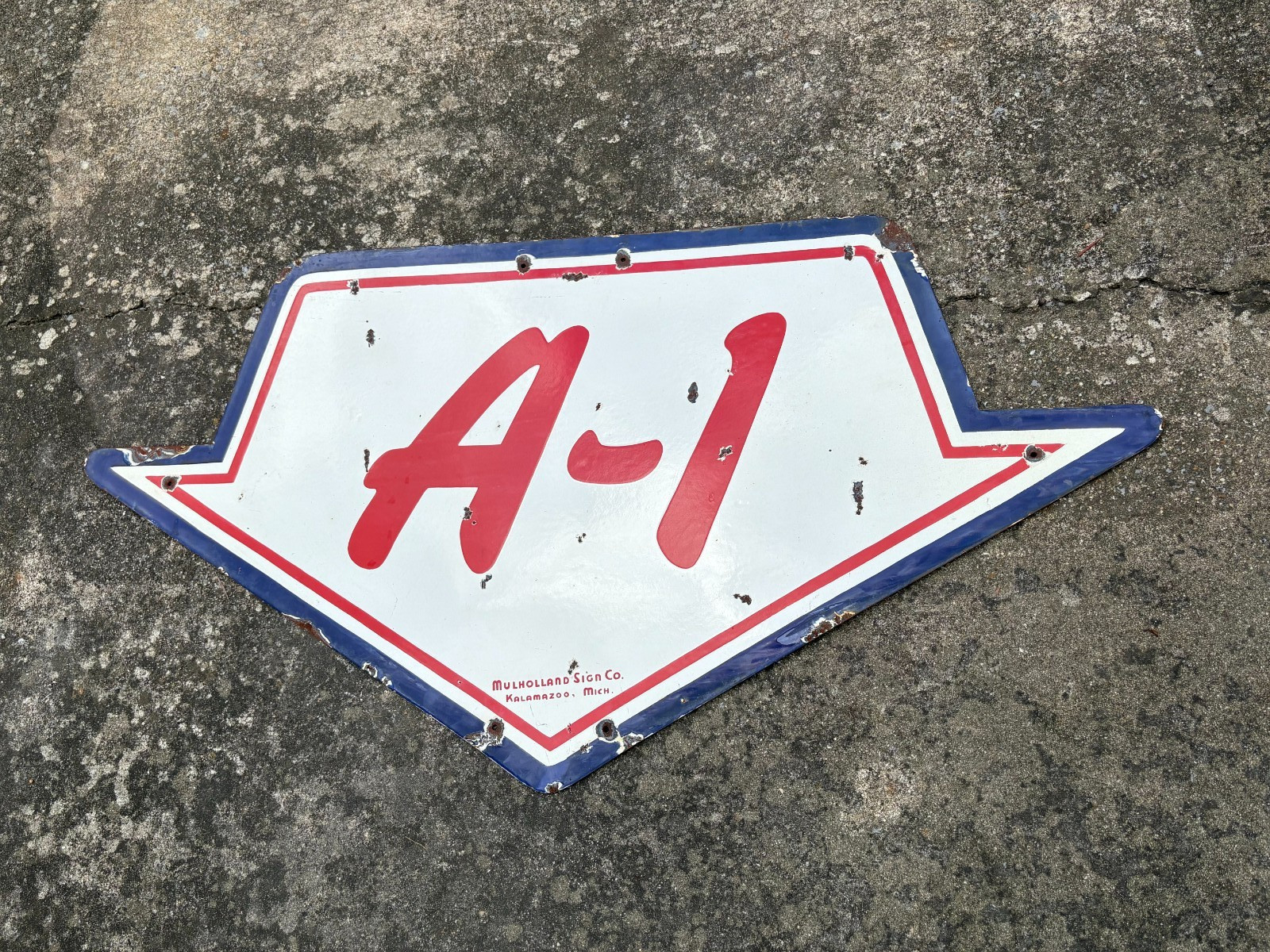 ORIGINAL 1950’s “FORD A-1″ DOUBLE SIDED PORCELAIN DEALER SIGN, (46″x 24”) NICE