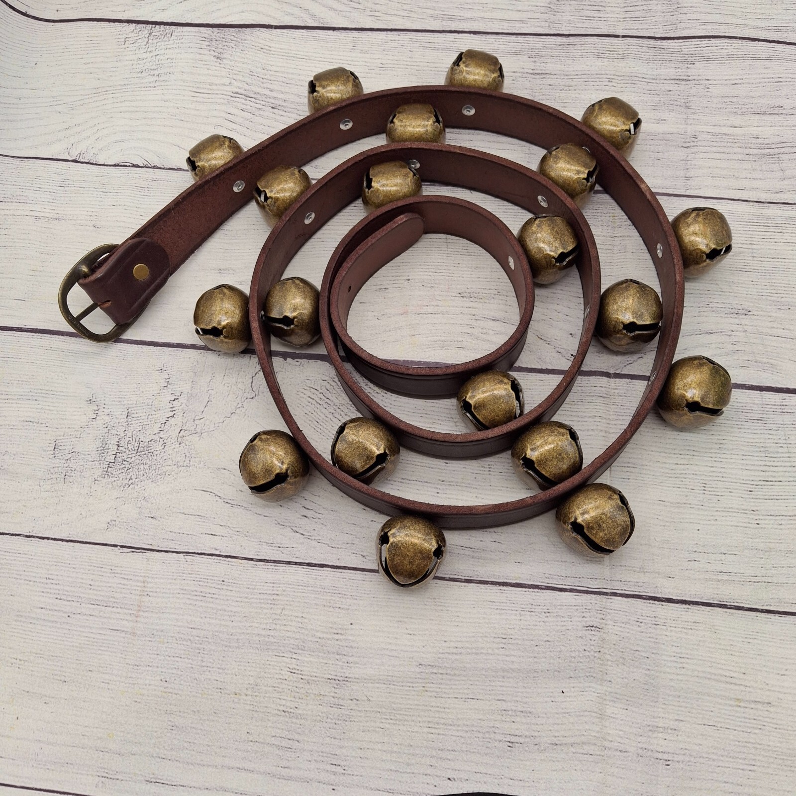 20-Bell Sleigh Bells, Antiqued Brass Bells Dark Brown Leather Strap, Horse Santa