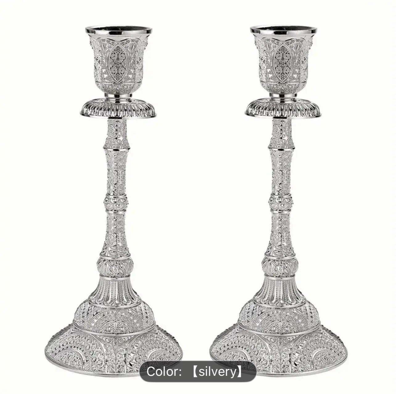 Elegant Silvery Ornate Candle Stands – Pair