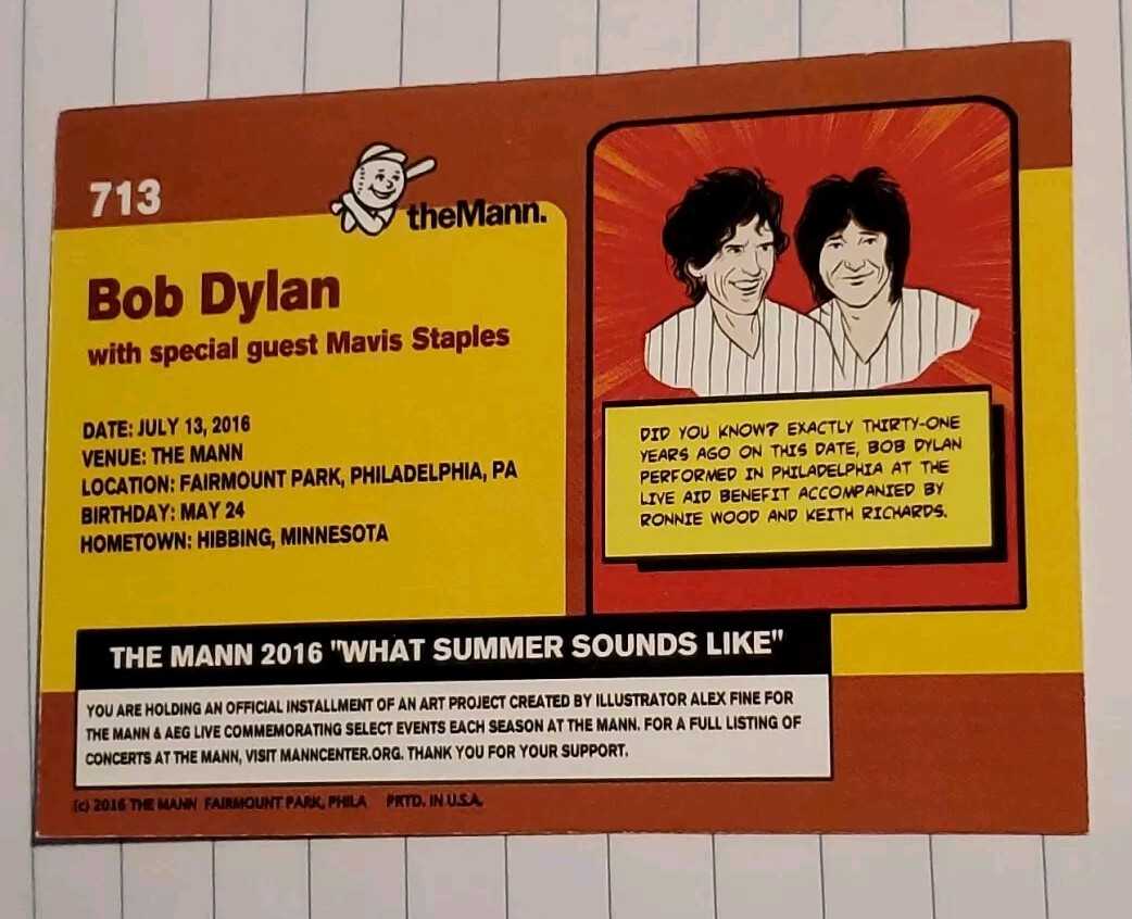 BOB DYLAN MAVIS STAPLES 2016 TOUR MANN MUSIC CENTER PHILADELPHIA TRADING CARD
