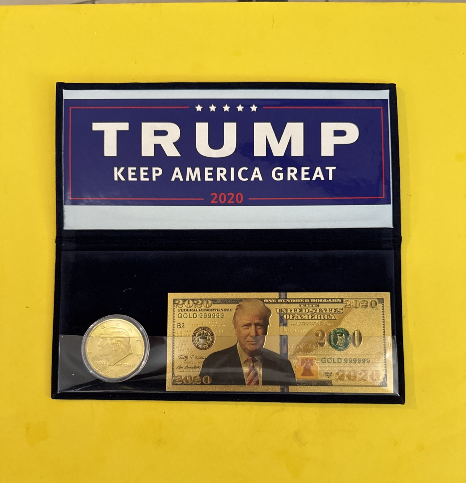 DONALD TRUMP 2020 COMMEMORATIVE LIBERTY COIN & BILL W/VELVET CASE – BRAND NEW