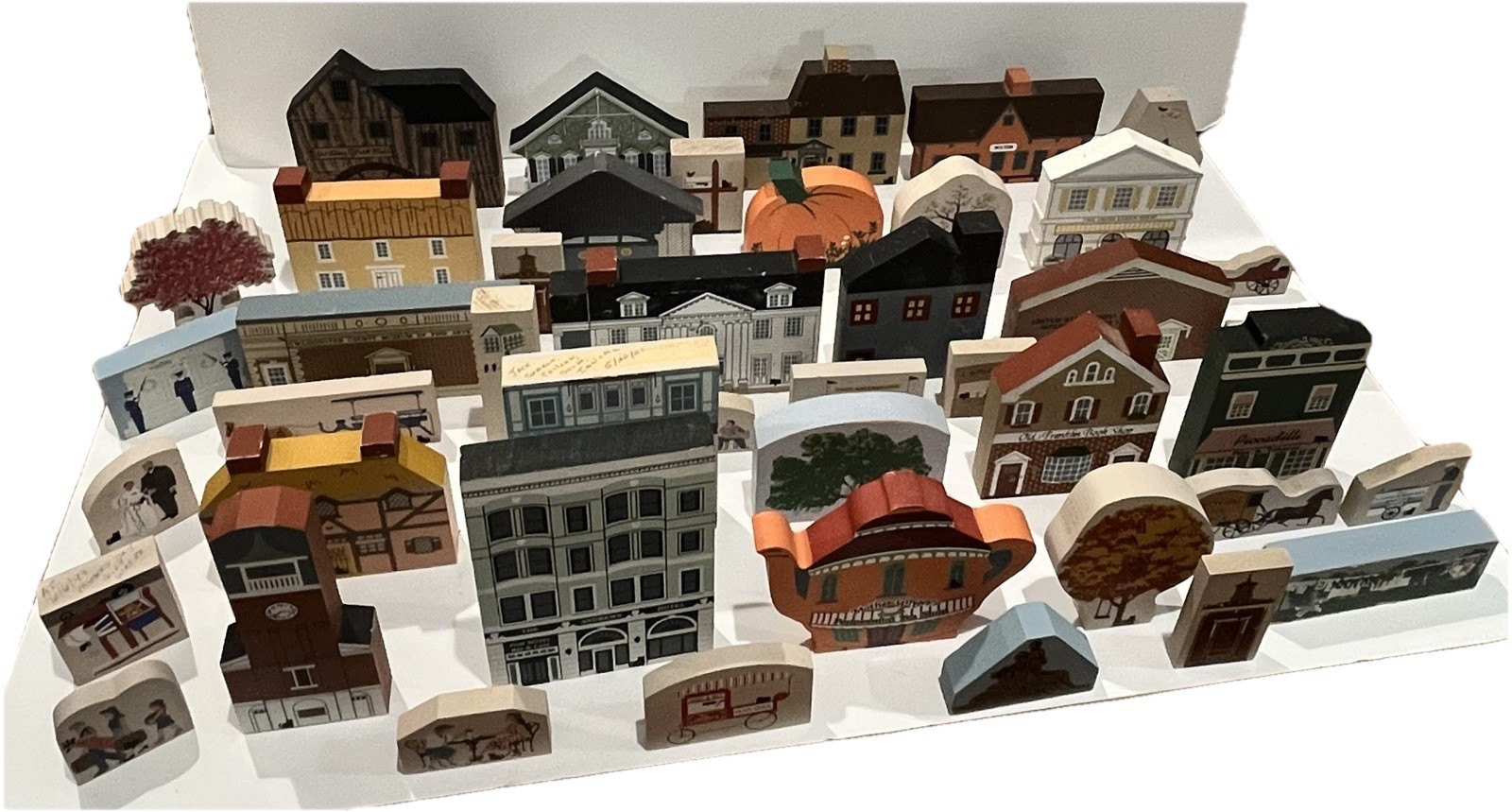 Lot of 45 Cat’s Meow Village Pieces Buildings & Figures, Some Signed/Dated