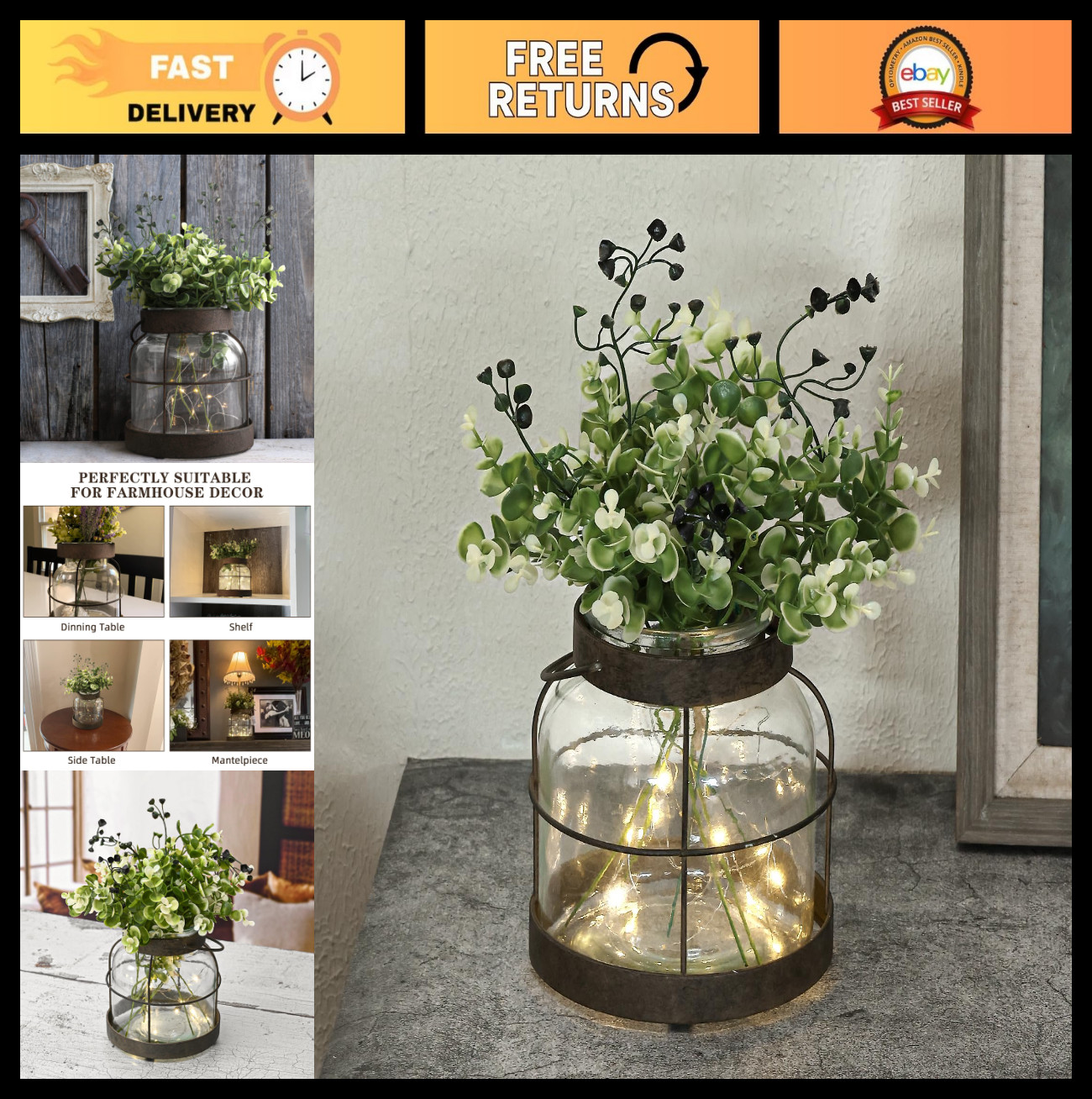 Rustic Vintage Glass Farmhouse Vase – Lantern Decor for Plants, Flowers & Lights