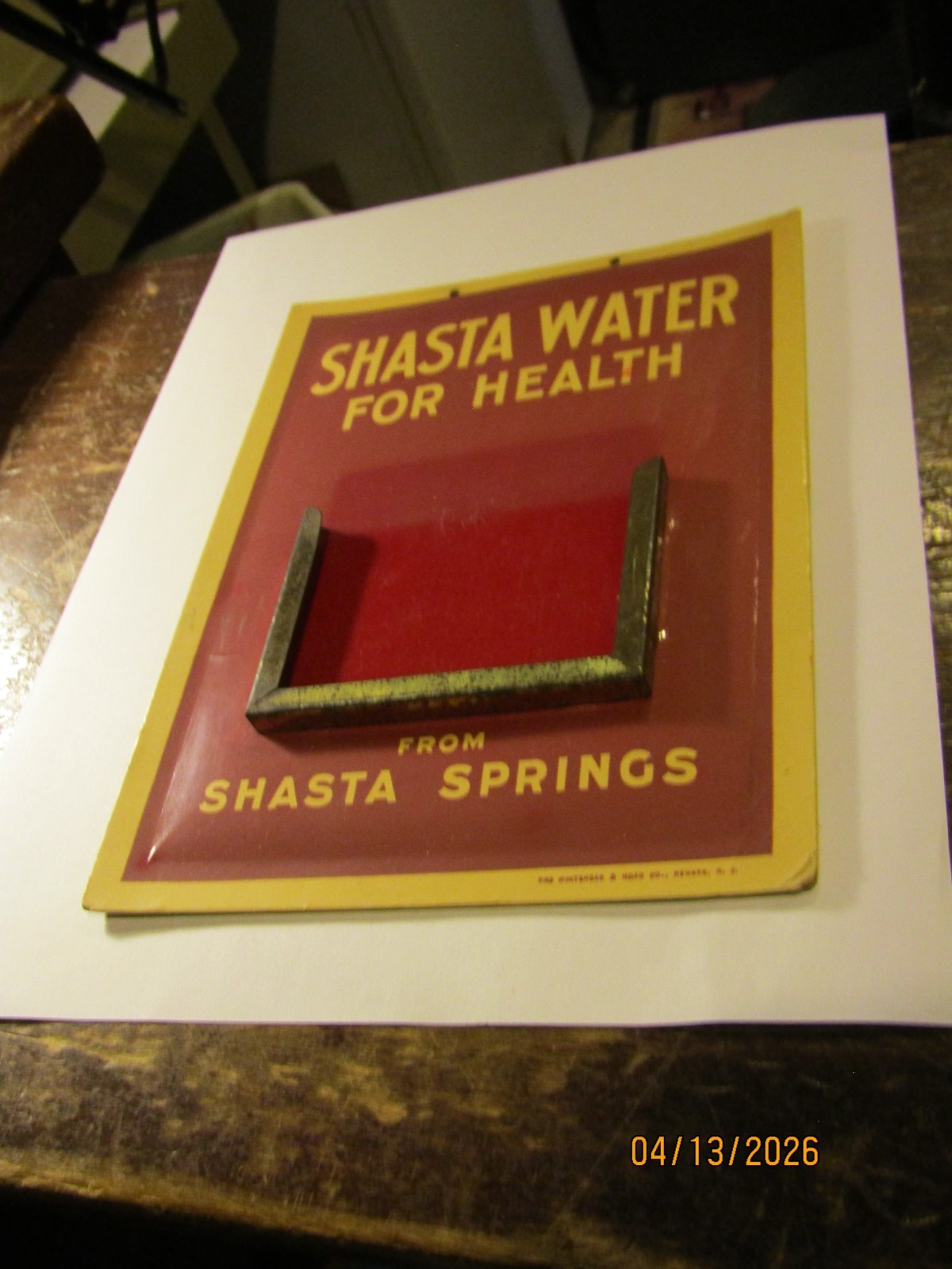 Antique Shasta Water Crystaloid Celluloid Sign Whitehead & Hoag Newark NJ 1920s