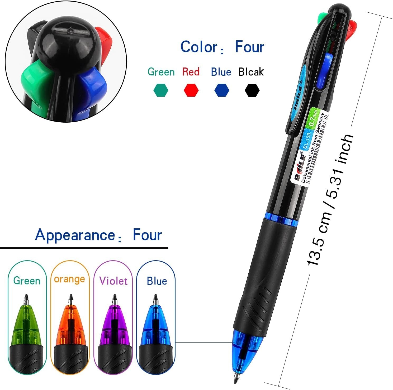 4 Pack Multicolor Ballpoint Pens 4-In-1 0.7Mm Colored Retractable Ballpoint Gift