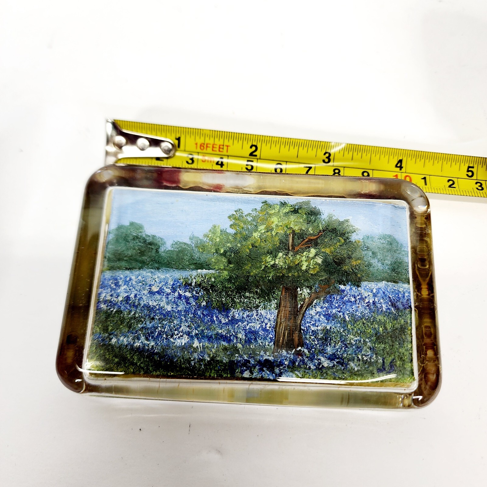 REVERSE PAINTED Wildflower Feild Landscape Flat Glass Paper Weight 1989 Signed