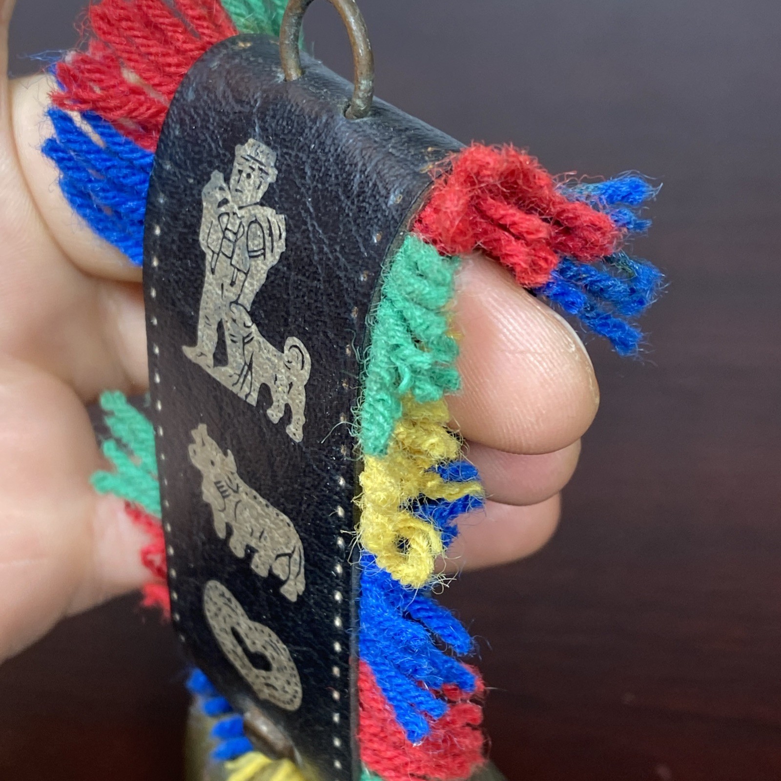 Brass Swiss Cow Bell Multi Color Fringed Leather Strap Vtg 6” Cottage Landscape