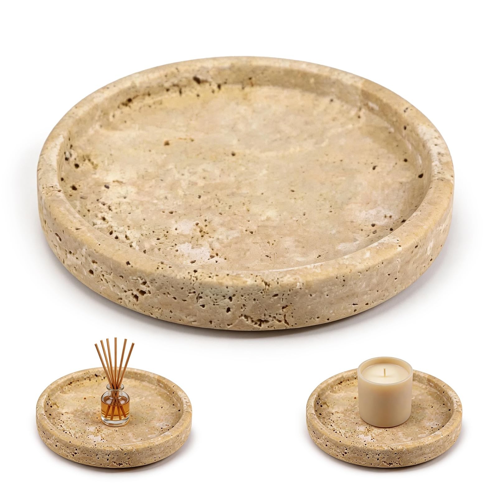Travertine Tray, Round Bathroom Tray – 7.87 × 7.87 × 1.18inches, Natural Ston…