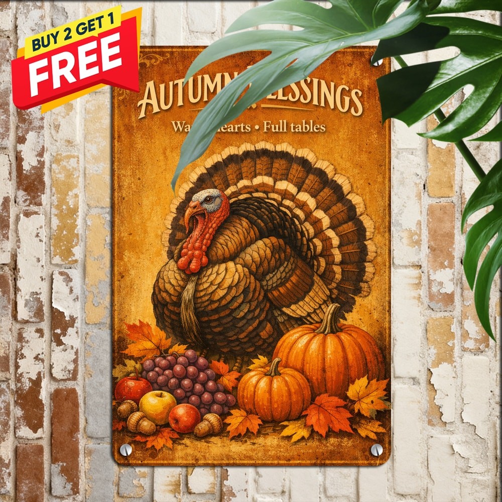 Retro Thanksgiving Turkey Tin Sign 8×12 Festive Kitchen Wall Decor Plaque