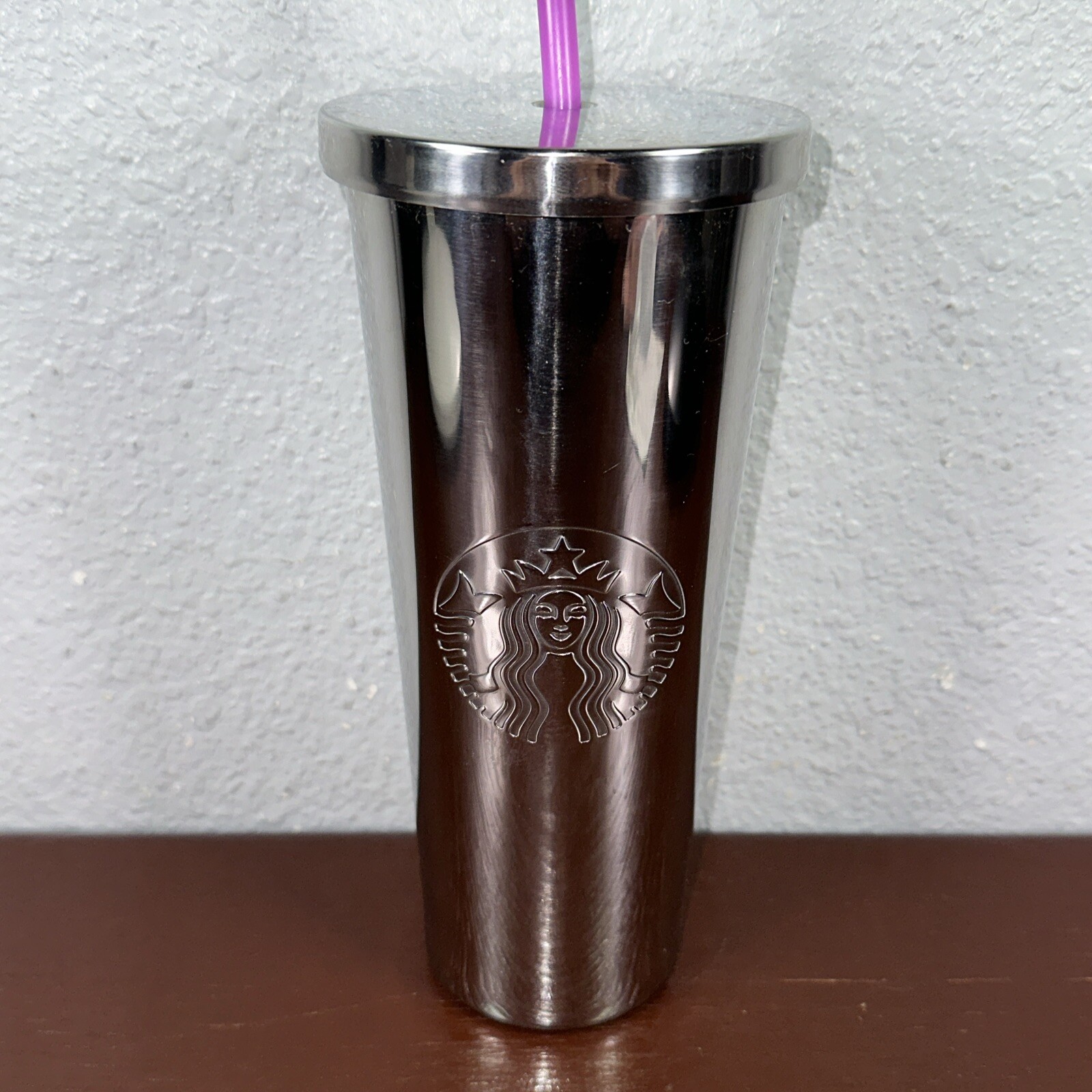Starbucks Stainless Steel 24 Oz Tumbler Shiny Silver w/ Logo + Purple Straw