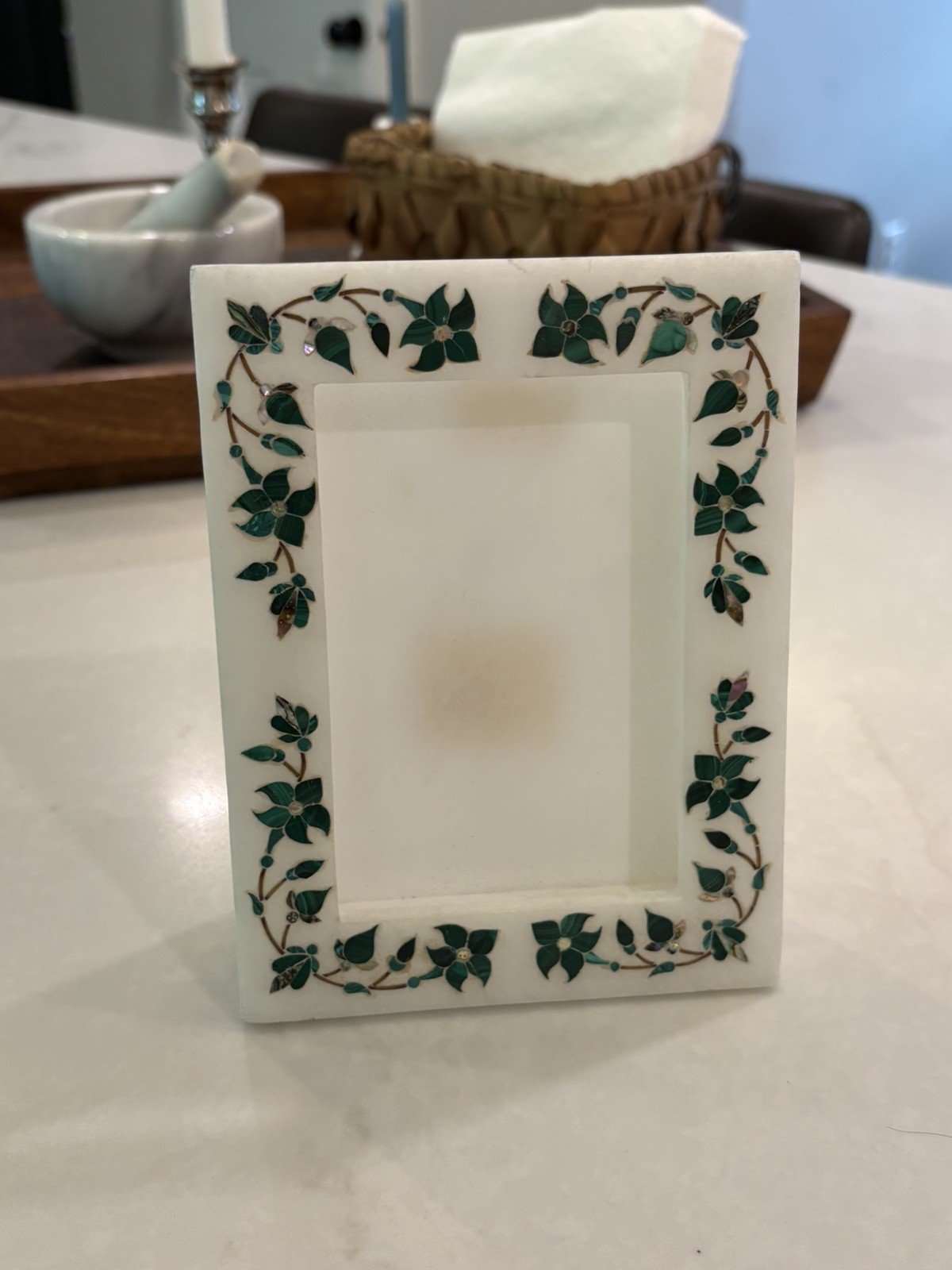 Authentic CCIC India White Marble Inlay Picture Frame Malachite Pietra Dura Art