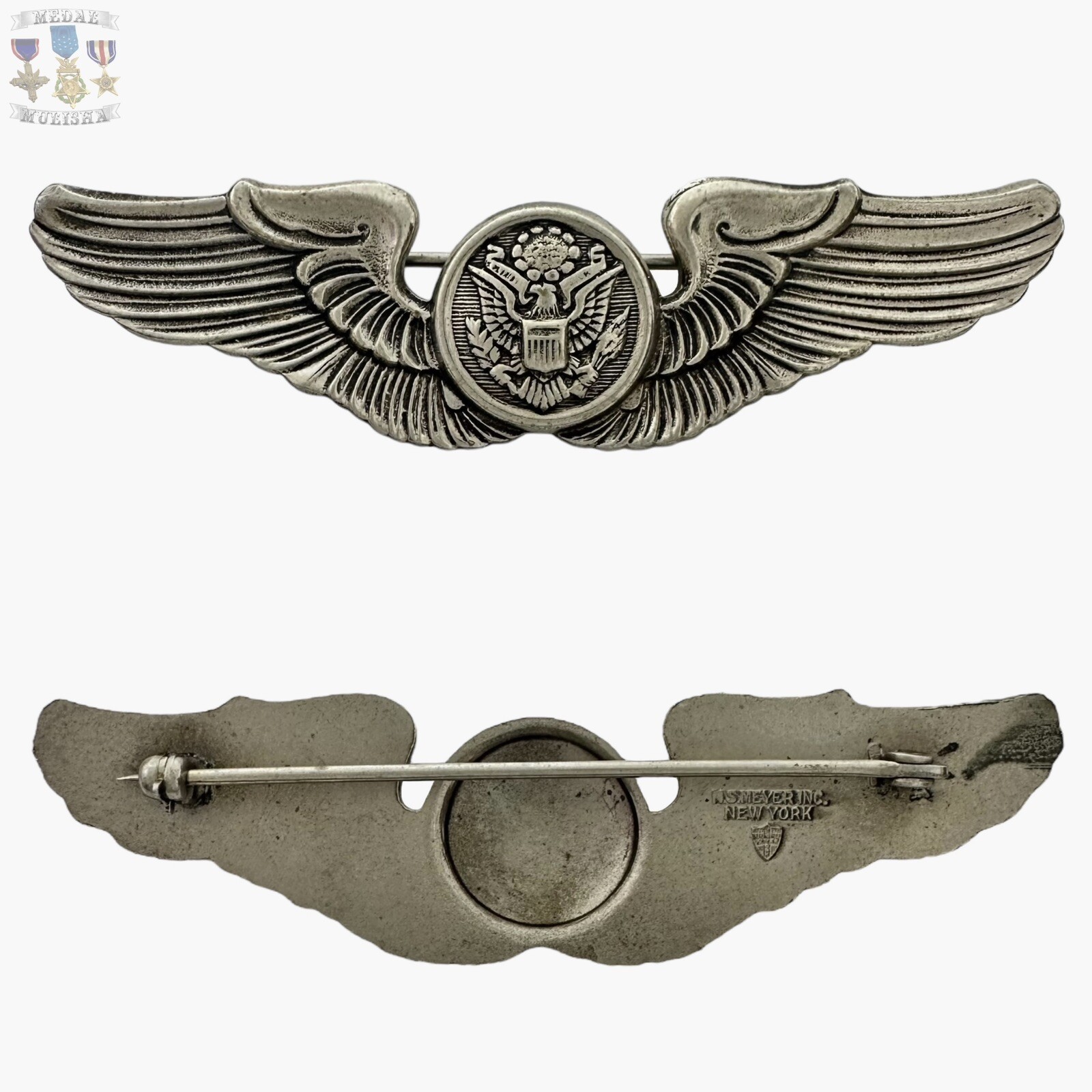 WWII U.S. ARMY AIR FORCES AIR CREW WINGS PIN-BACK N.S. MEYER INC. N.Y. #8