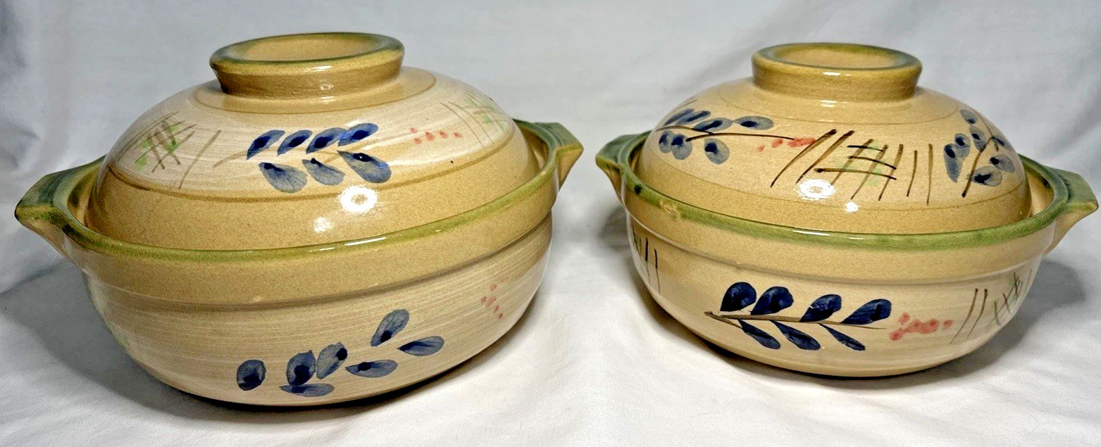 Set of 2 Donabe Japanese Hot Pot 8″ & 7″ Earthenware Clay Pots Lids Vintage
