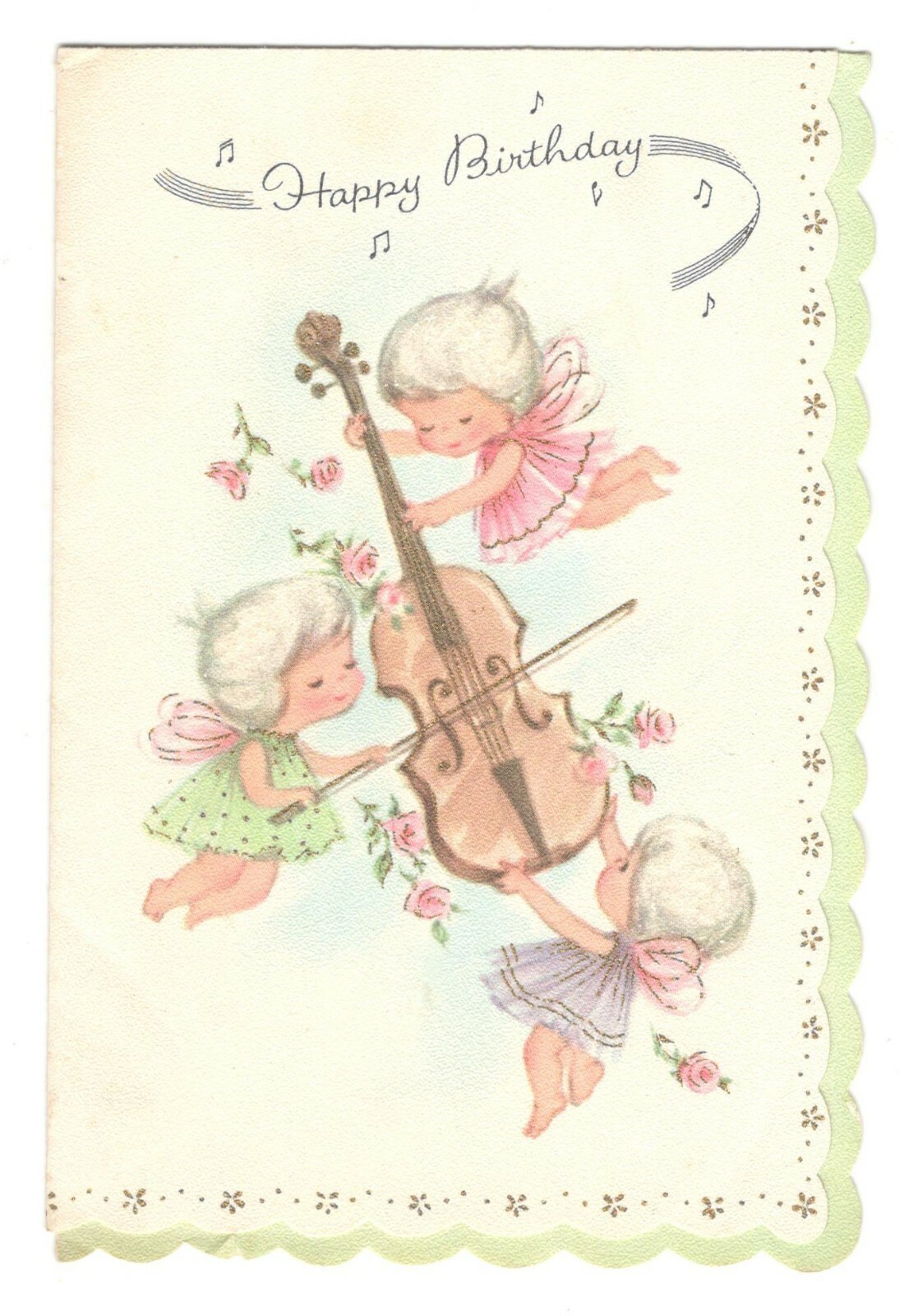 ANGEL GIRLS PLAYING THE VIOLIN Vintage Greeting Card 1950’s 1960’s AF4