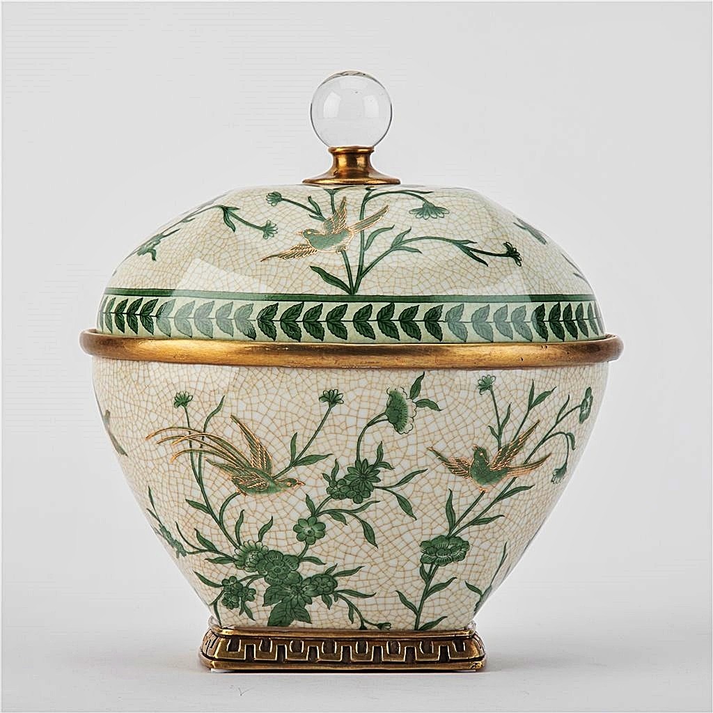 Porcelain Chinoiserie Oval Box. Bronze Accents.Hand Painted.Glass Knob (7.5”L)