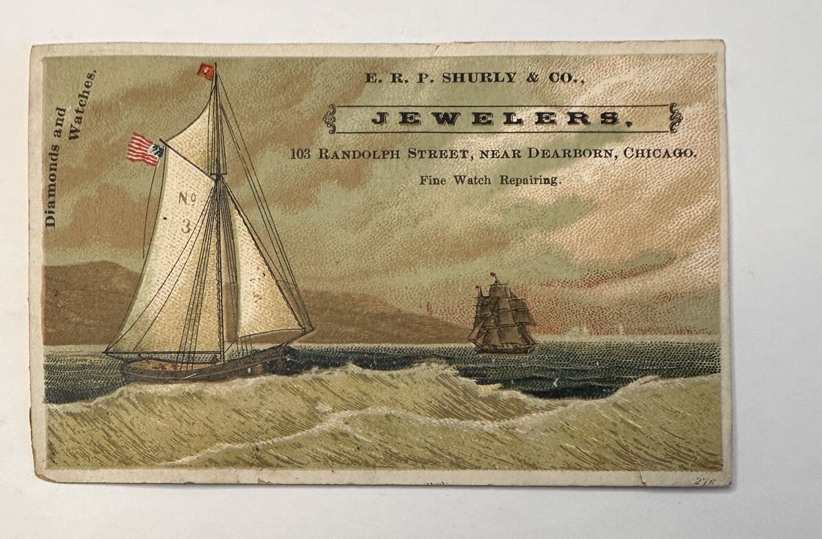 Victorian Jewelers Trade Card ERP SHURLY Randolph Street, Dearborn Chicago B73
