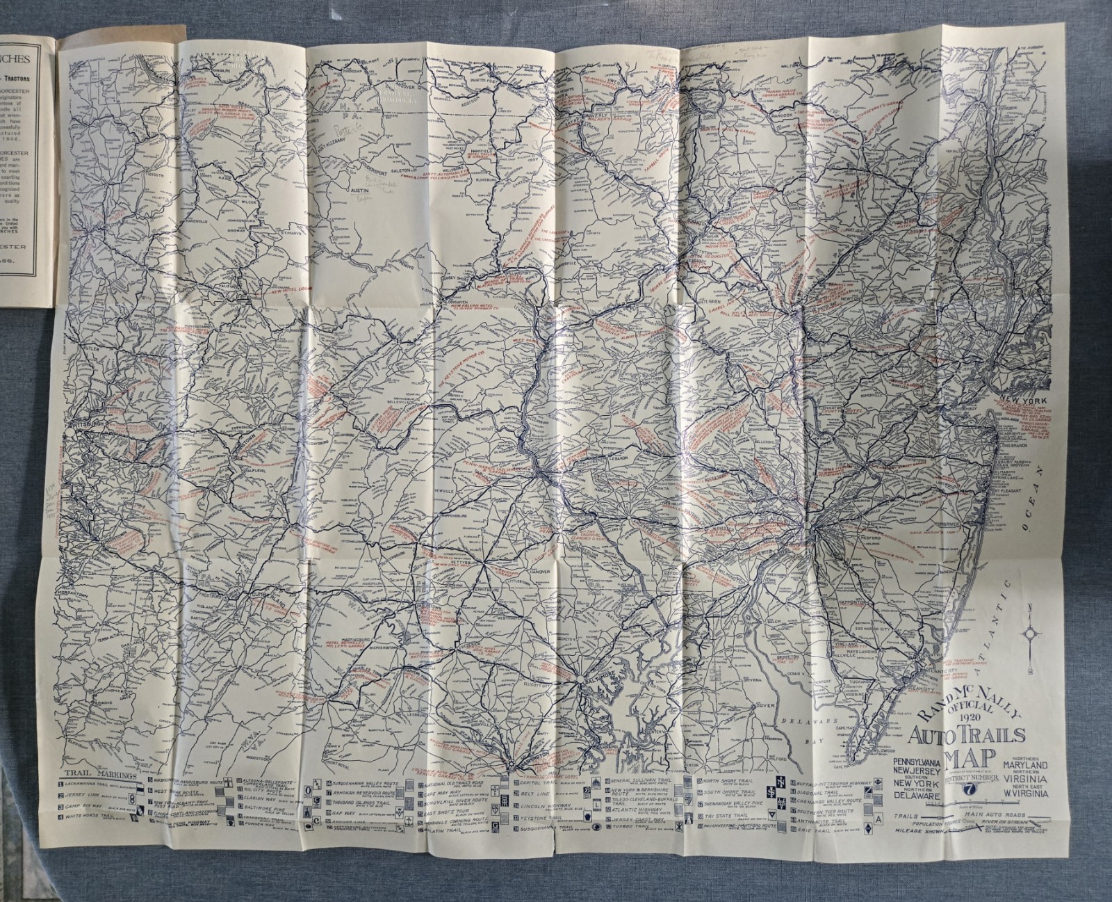 Rand-McNally Auto Trails Map 1920 District 7 PA, DE, N. WVA, MD, NJ