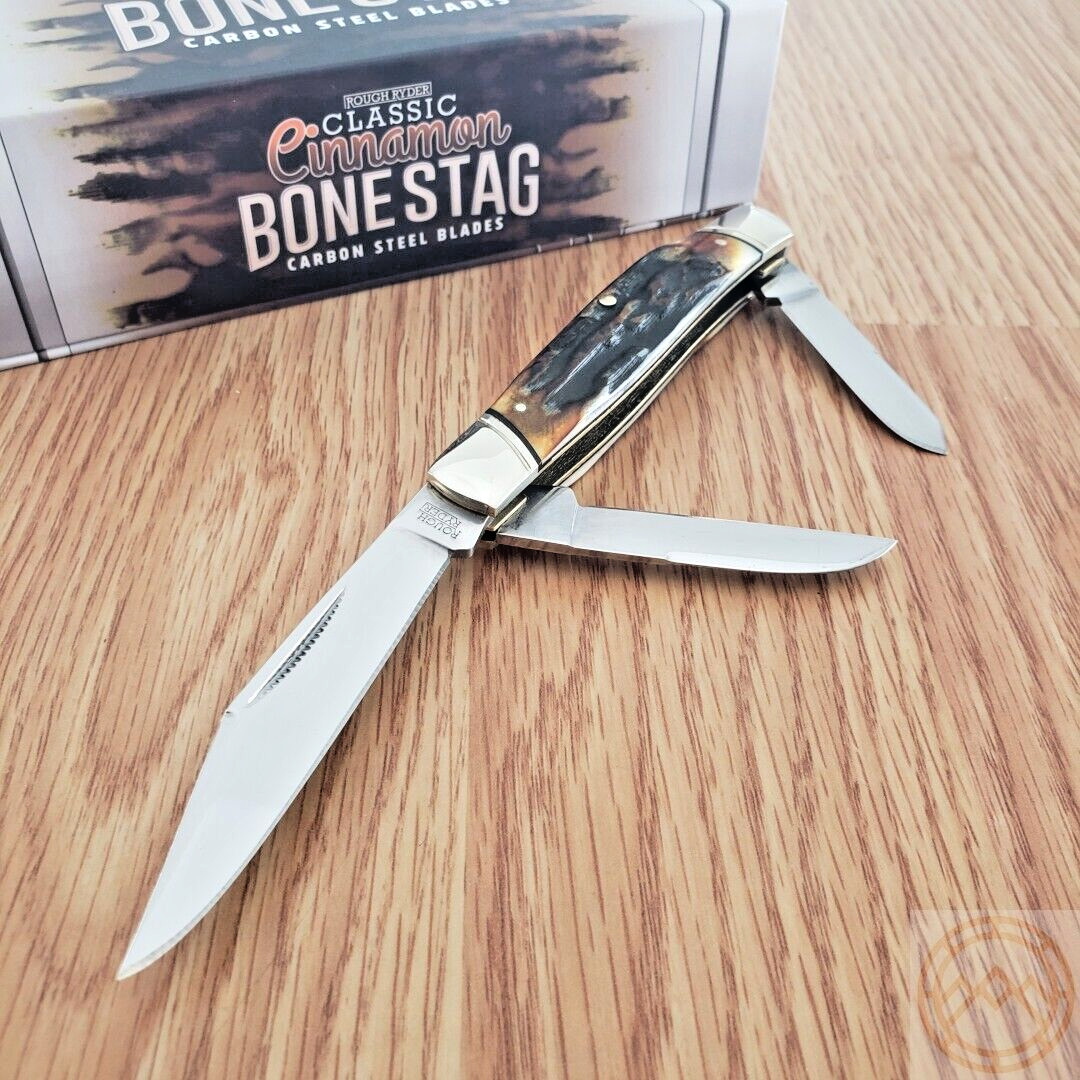 Rough Ryder Stockman Pocket Knife Carbon Steel Blades Cinnamon Stag Bone Handle