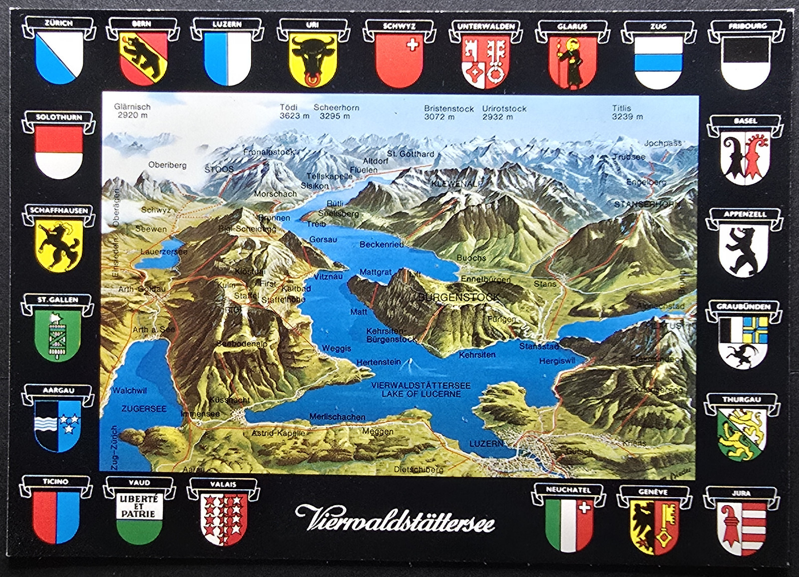 Switzerland Postcard Map Lake of Lucerne Vierwaldstättersee w/ Crests