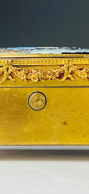 Antique French Rectangular Gilt Bronze Jewel Casket Trinket Box w/ Enamel Plaque