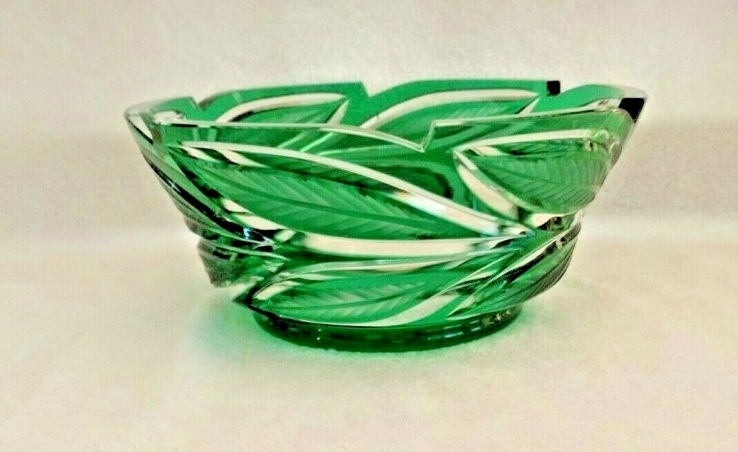 Bohemian Green to Clear Cut Crystal Bowl with a Satin Finished Cut Leaf Décor