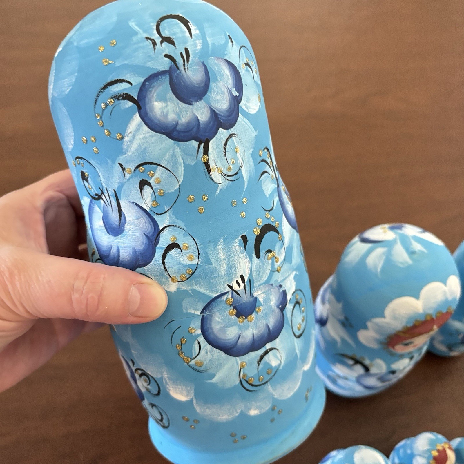 Matryoshka Hand Painted Matte Finish Blue Raised Gold Wood Nesting Doll Set 7 Pc
