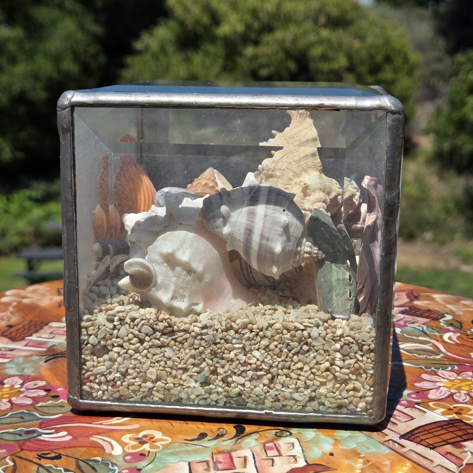 VTG Beveled Glass Sand Seashell Kaleidoscope Cube Keepsake Box Heavy Paper Weigh