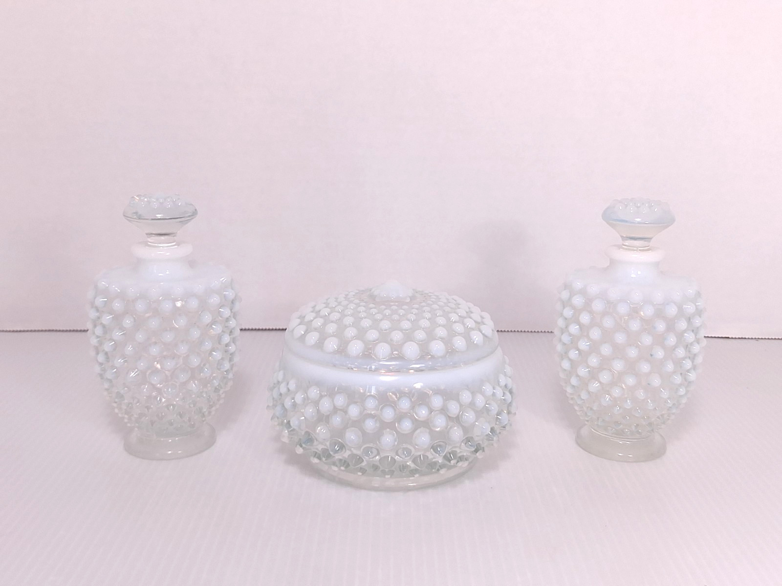 Vintage Fenton Art Glass French Opalescent Hobnail Powder Perfume Vanity Set