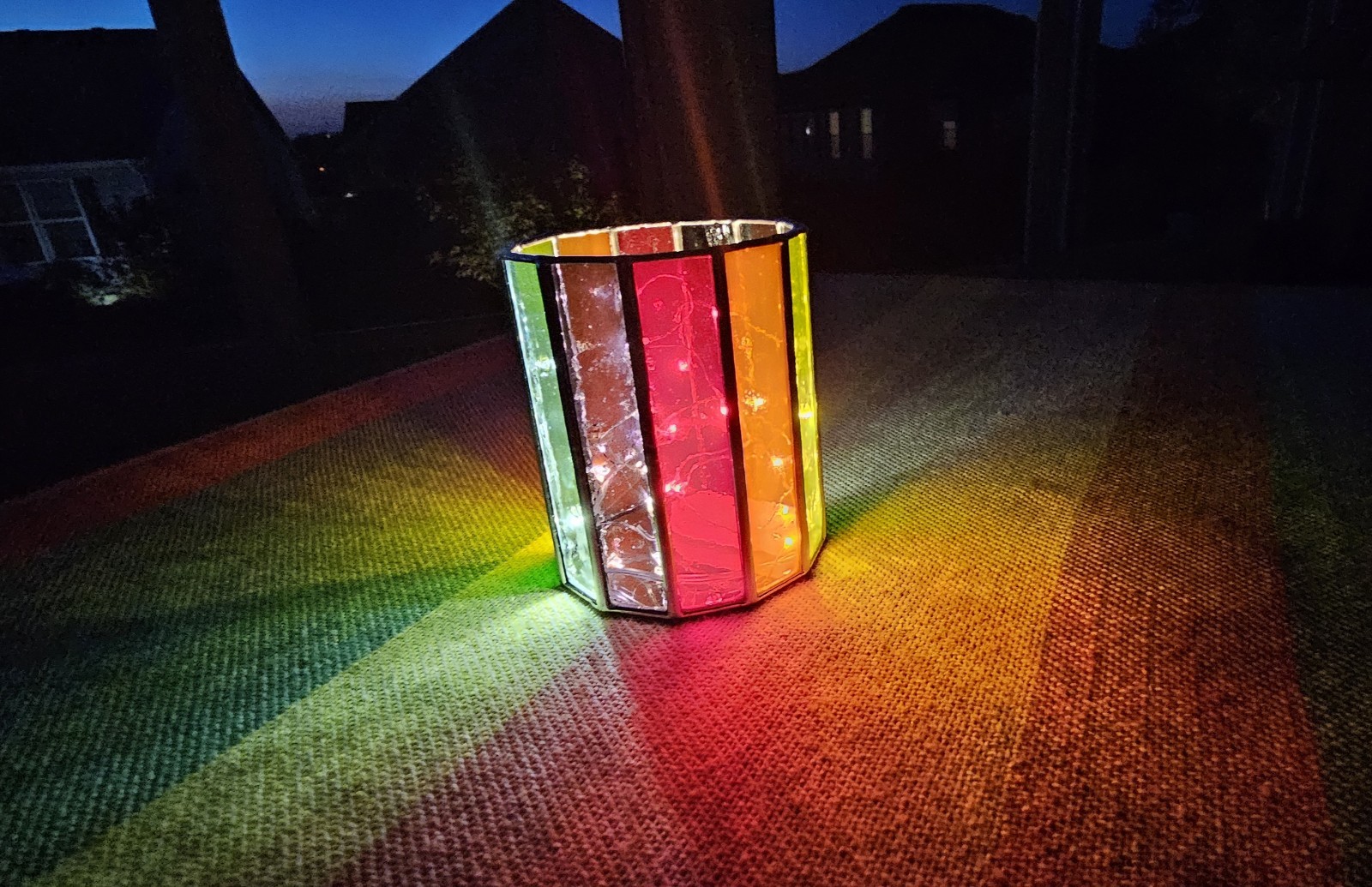 Stained Glass Candle Holder. 4.25″ Height x 3.75″ Round. Pride Colors.