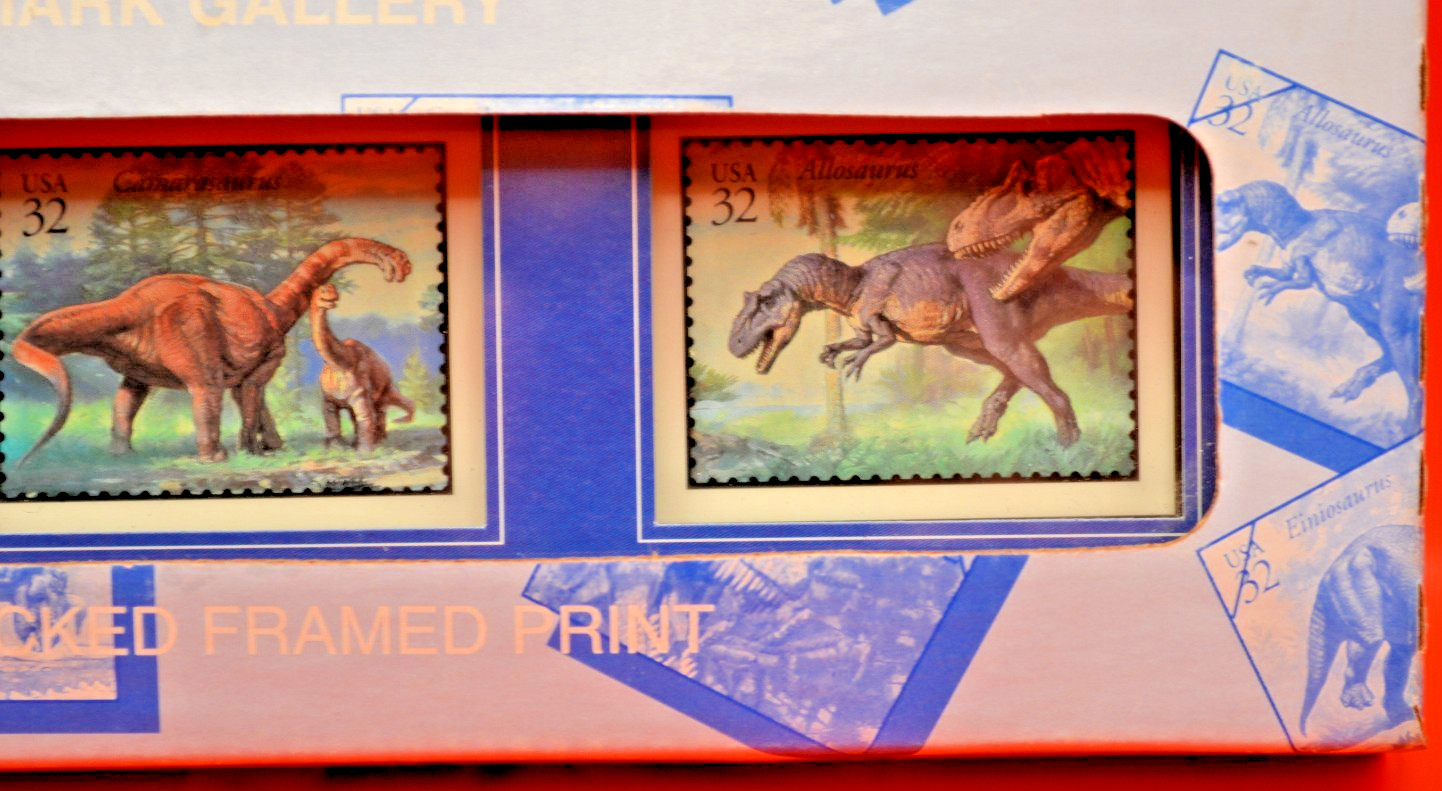 Dinosaur USPS Stamps Postmark Gallery Easel Framed Decor USPS Dino Bookmarks