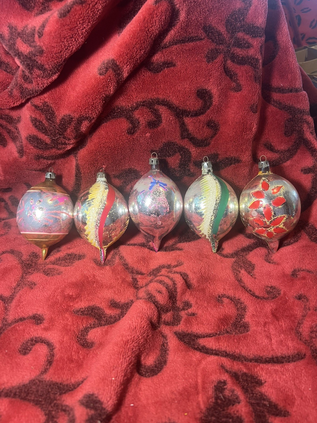 Five (5) Vintage Mercury Glass Teardrop Christmas Ornaments ~ Hand Painted