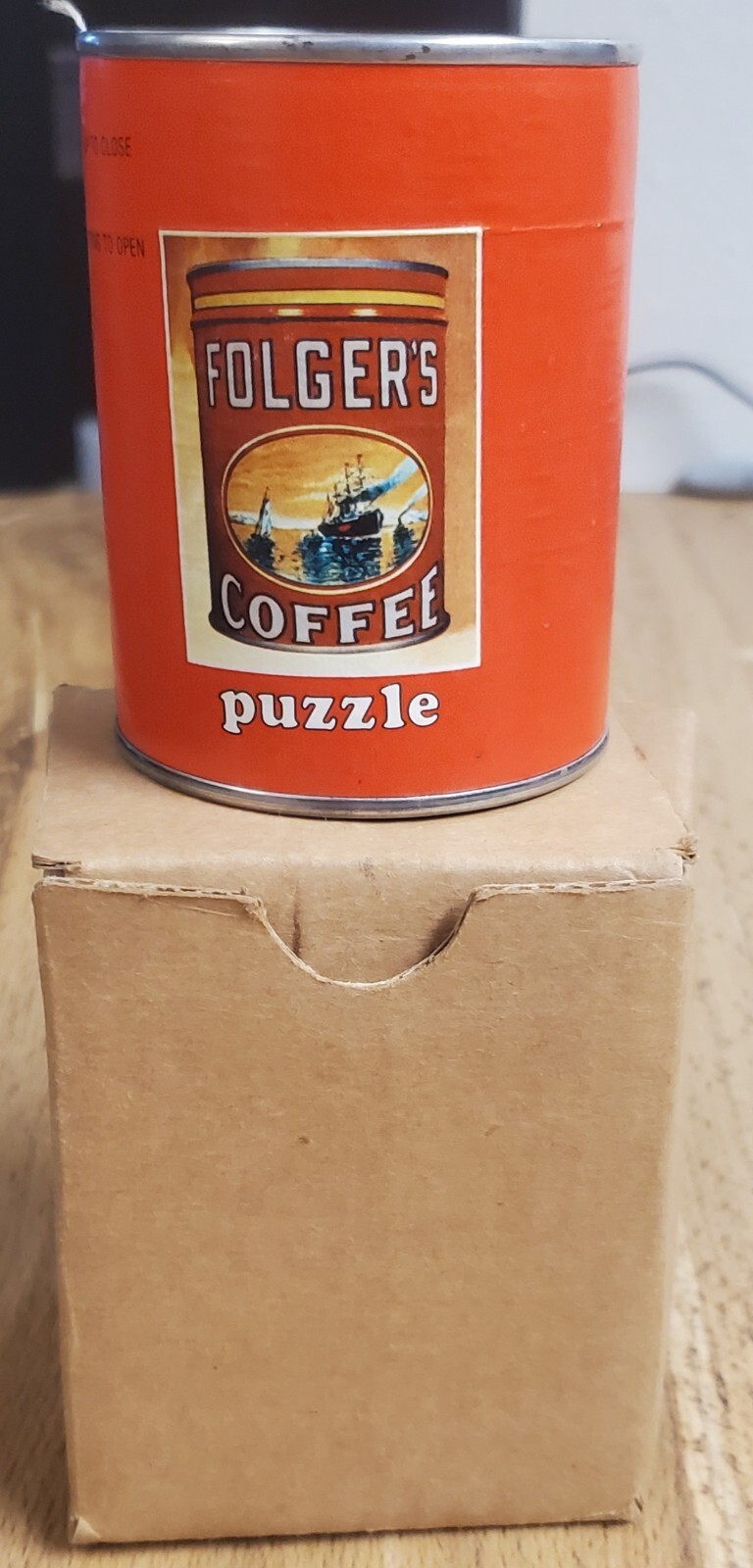 Vintage Folgers Coffee Puzzle Advertising Promo Cardboard Tin Can With Box