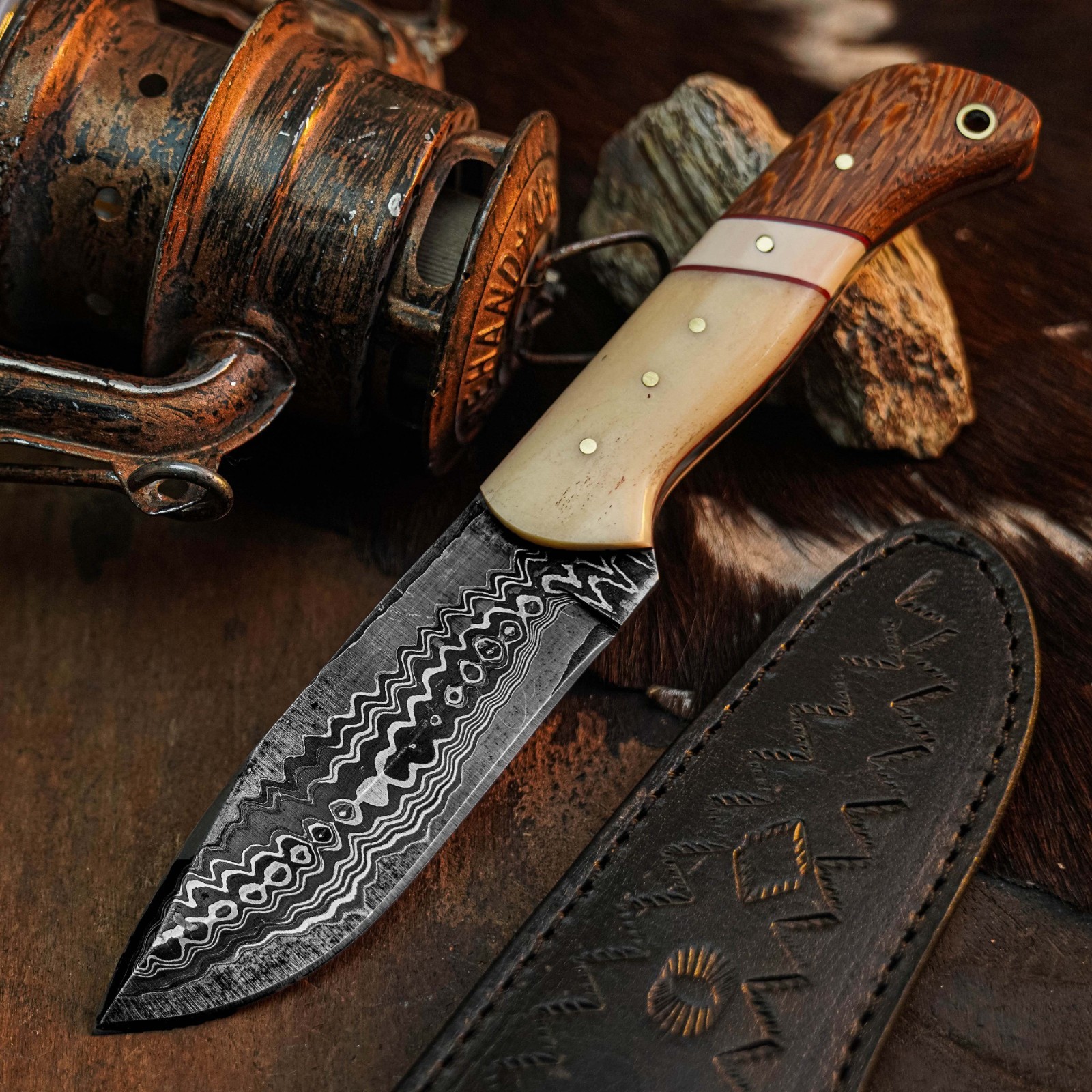 8.7″ Damascus Camping EDC Knife Full Tang Hybrid Fix Handle Blade + Sheath