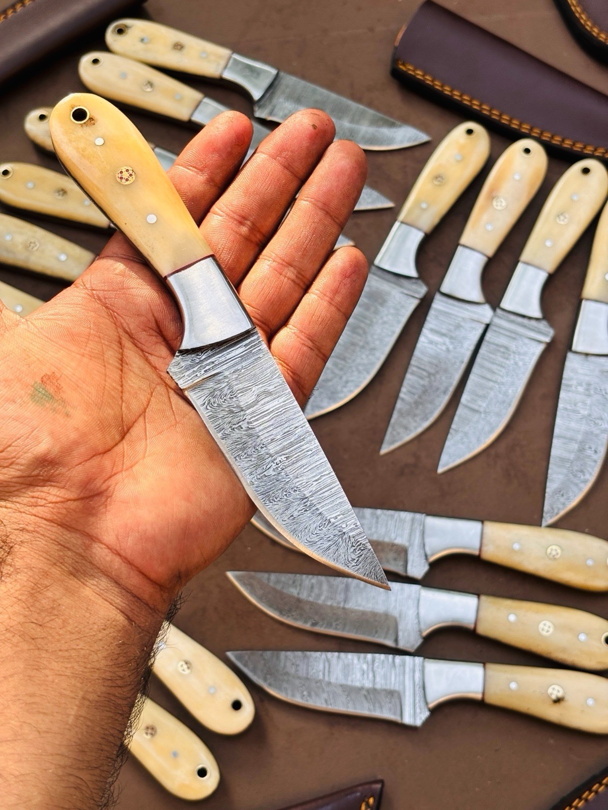 LOT OF 20 CUSTOM HANDMADE DAMASCUS STEEL HUNTING SKINNER KNIFE HANDLE CAMEL BONE
