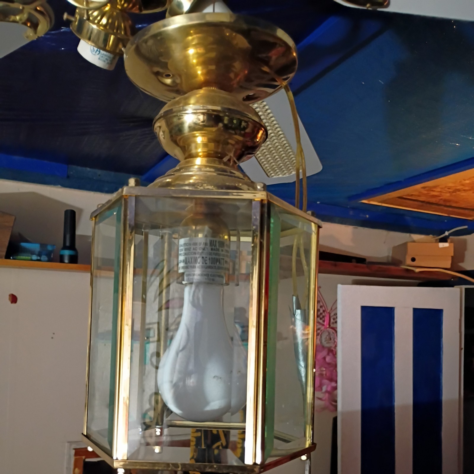 1970s Traditional Beveled Glass Brass Framed Ceiling Lantern
